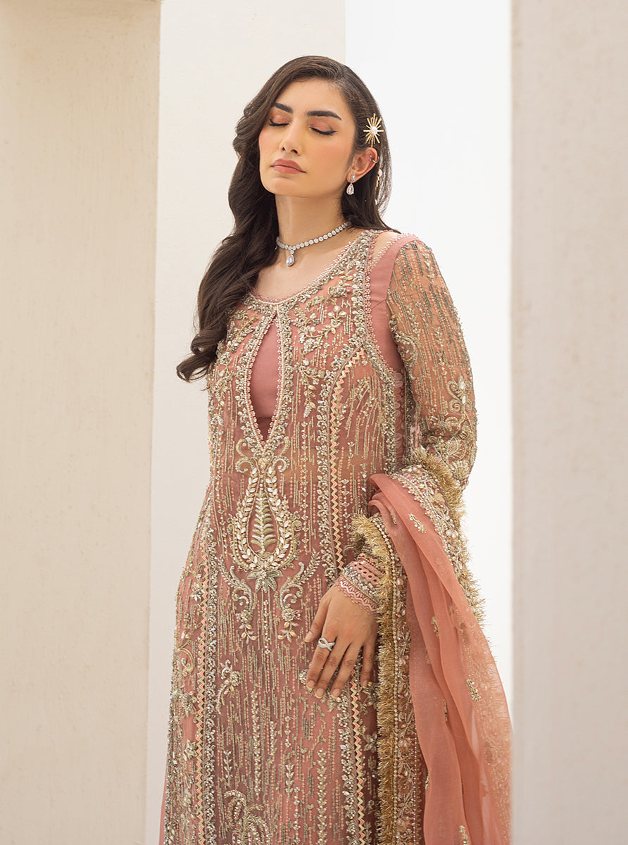 Pakistani Peach Zardozi Embroidered Organza Sharara Set (3-Piece) - Image 4