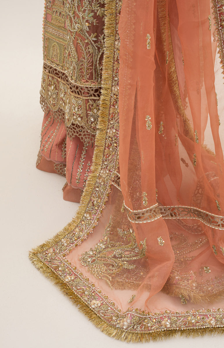 Pakistani Peach Zardozi Embroidered Organza Sharara Set (3-Piece) - Image 5