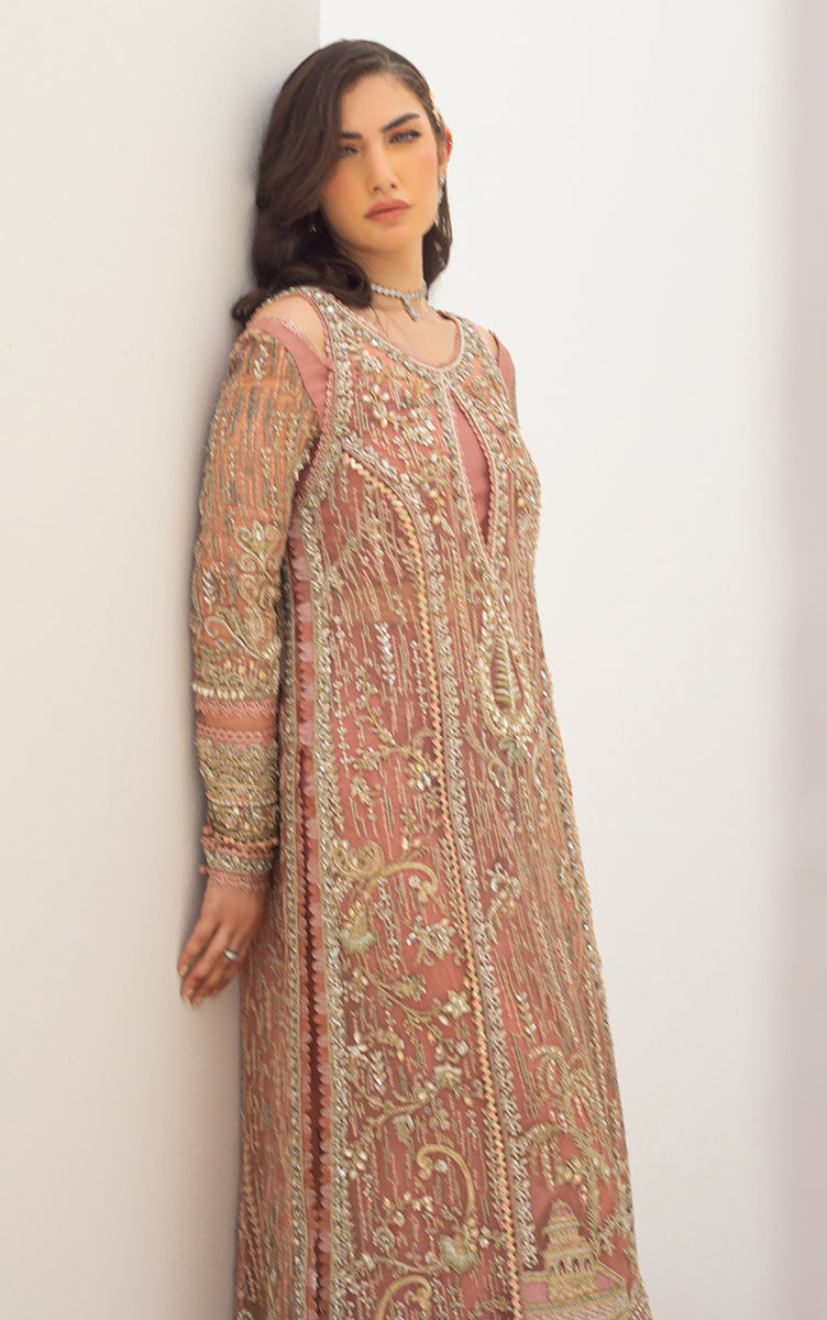 Pakistani Peach Zardozi Embroidered Organza Sharara Set (3-Piece) - Image 6