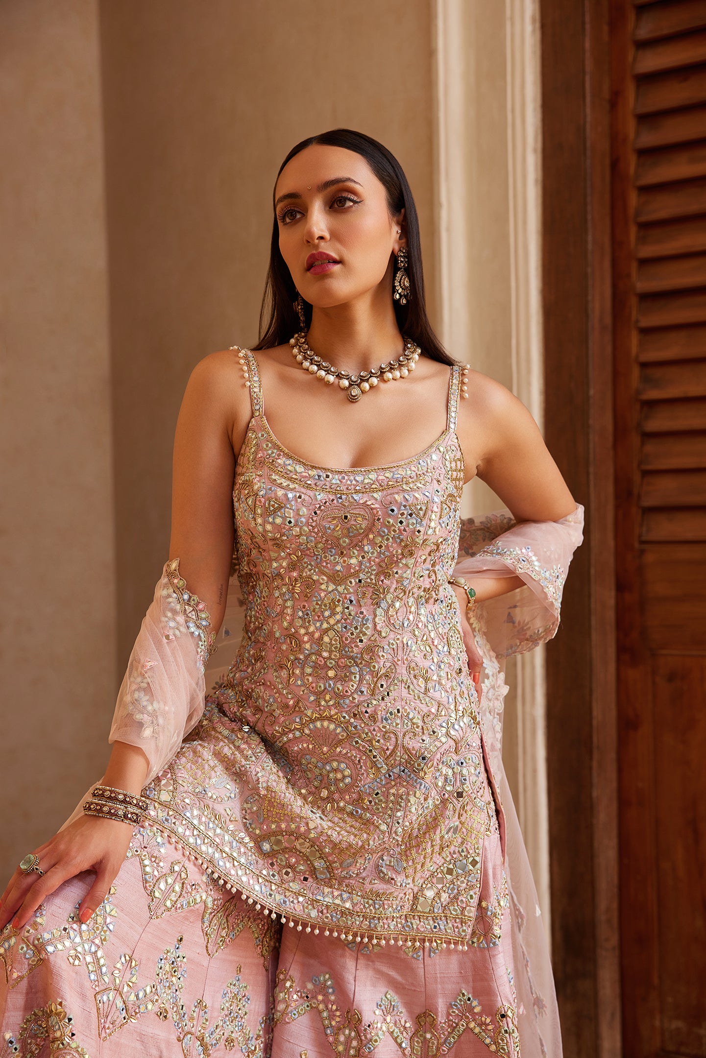 Rose Pink Zardosi Raw Silk Sharara (3-Piece) - Image 1