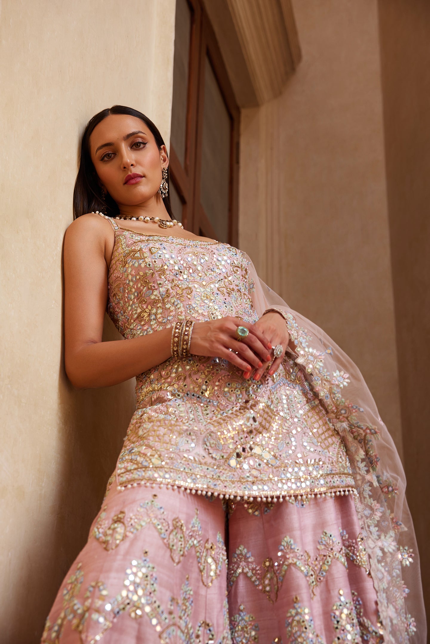 Rose Pink Zardosi Raw Silk Sharara (3-Piece) - Image 3