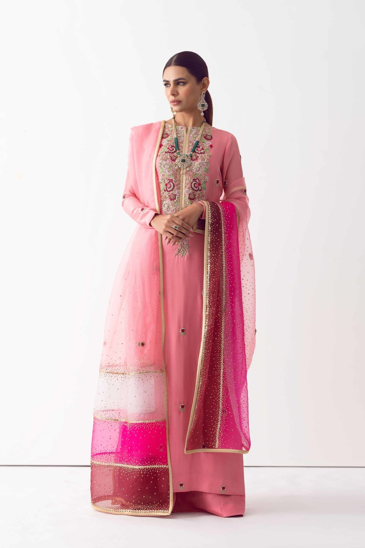 Pakistani Rose Pink Zardozi Raw Silk Sharara (3-Piece) - Image 1