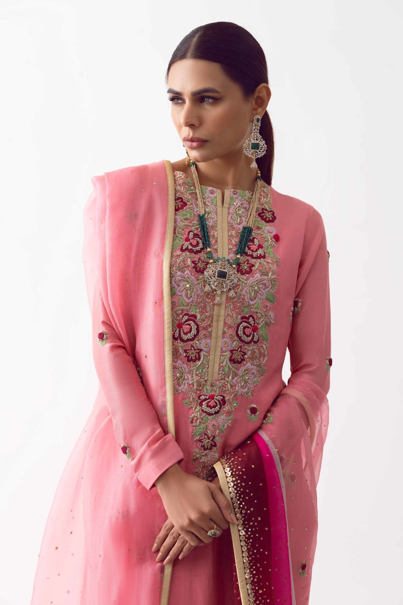 Pakistani Rose Pink Zardozi Raw Silk Sharara (3-Piece) - Image 3