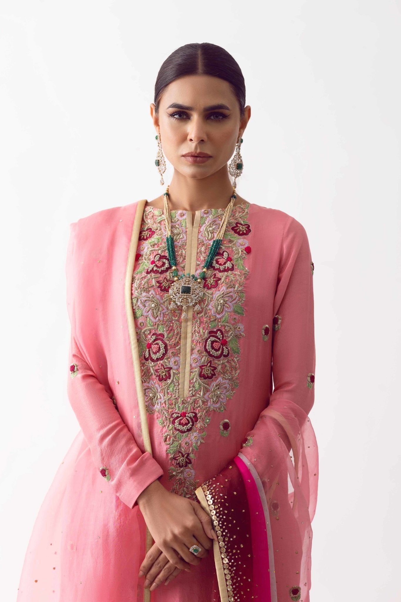 Pakistani Rose Pink Zardozi Raw Silk Sharara (3-Piece) - Image 4