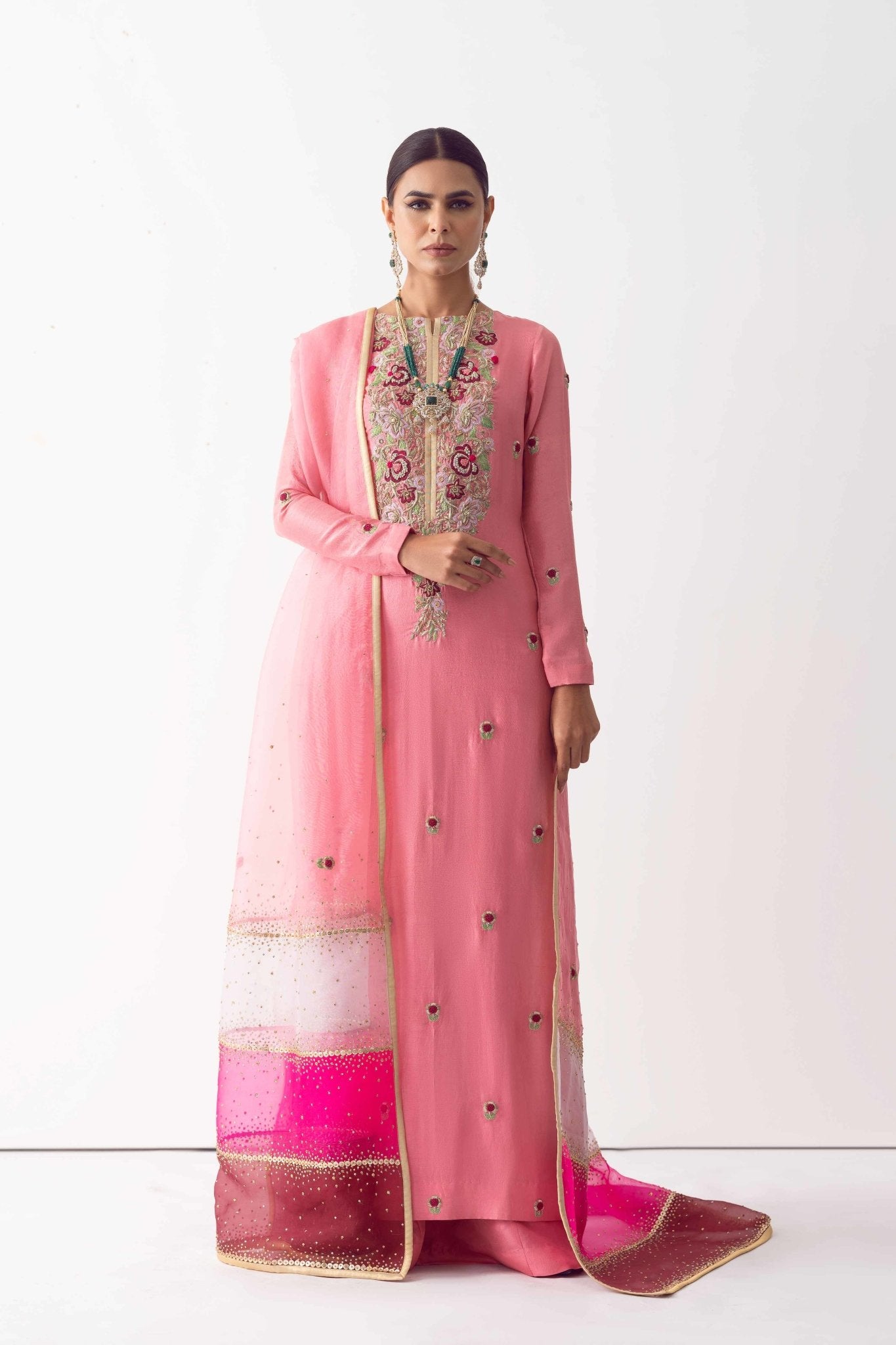 Pakistani Rose Pink Zardozi Raw Silk Sharara (3-Piece) - Image 6