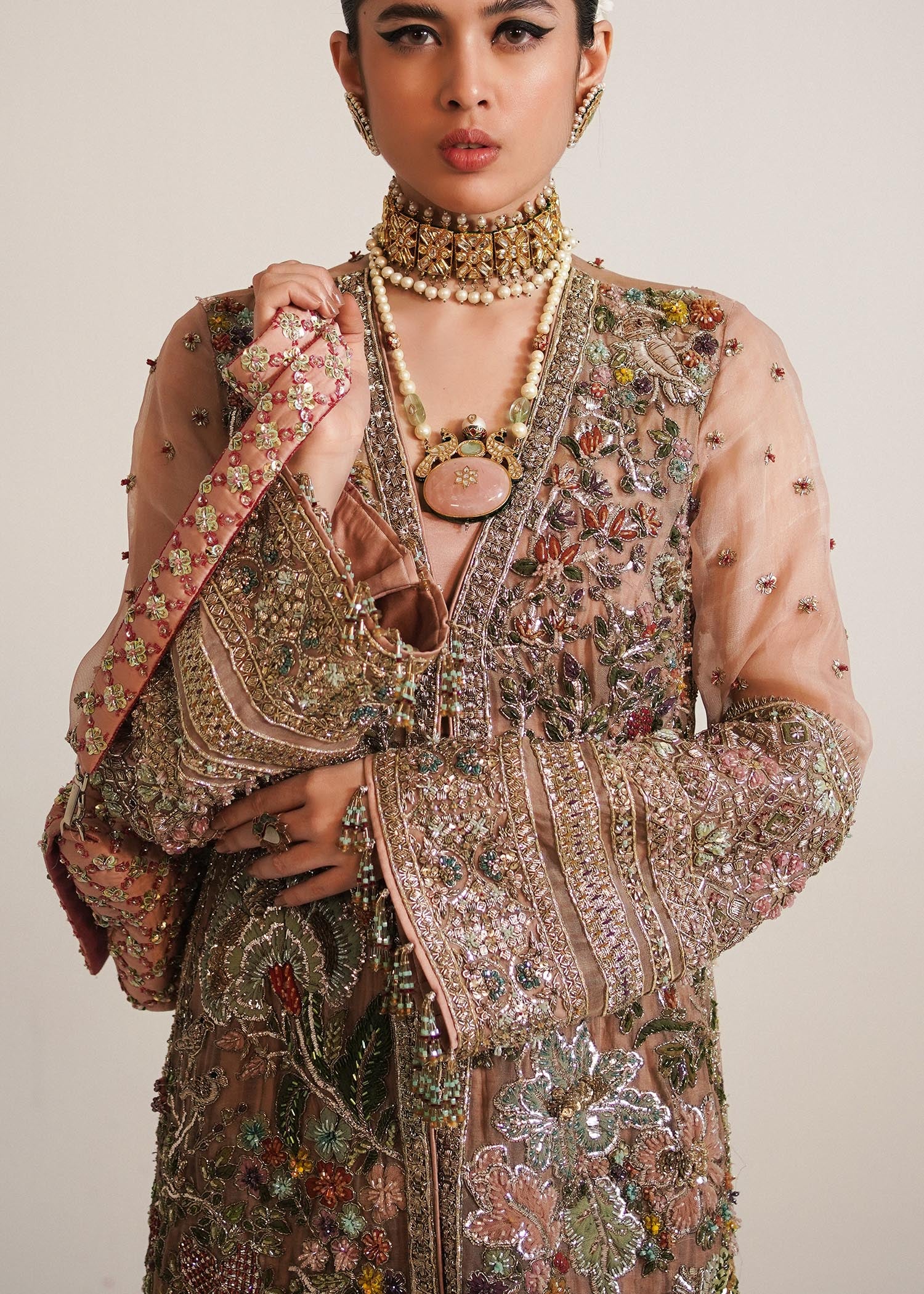 Pakistani Tea Pink Embroidered Silk Sharara Set (3-Piece) - Image 3