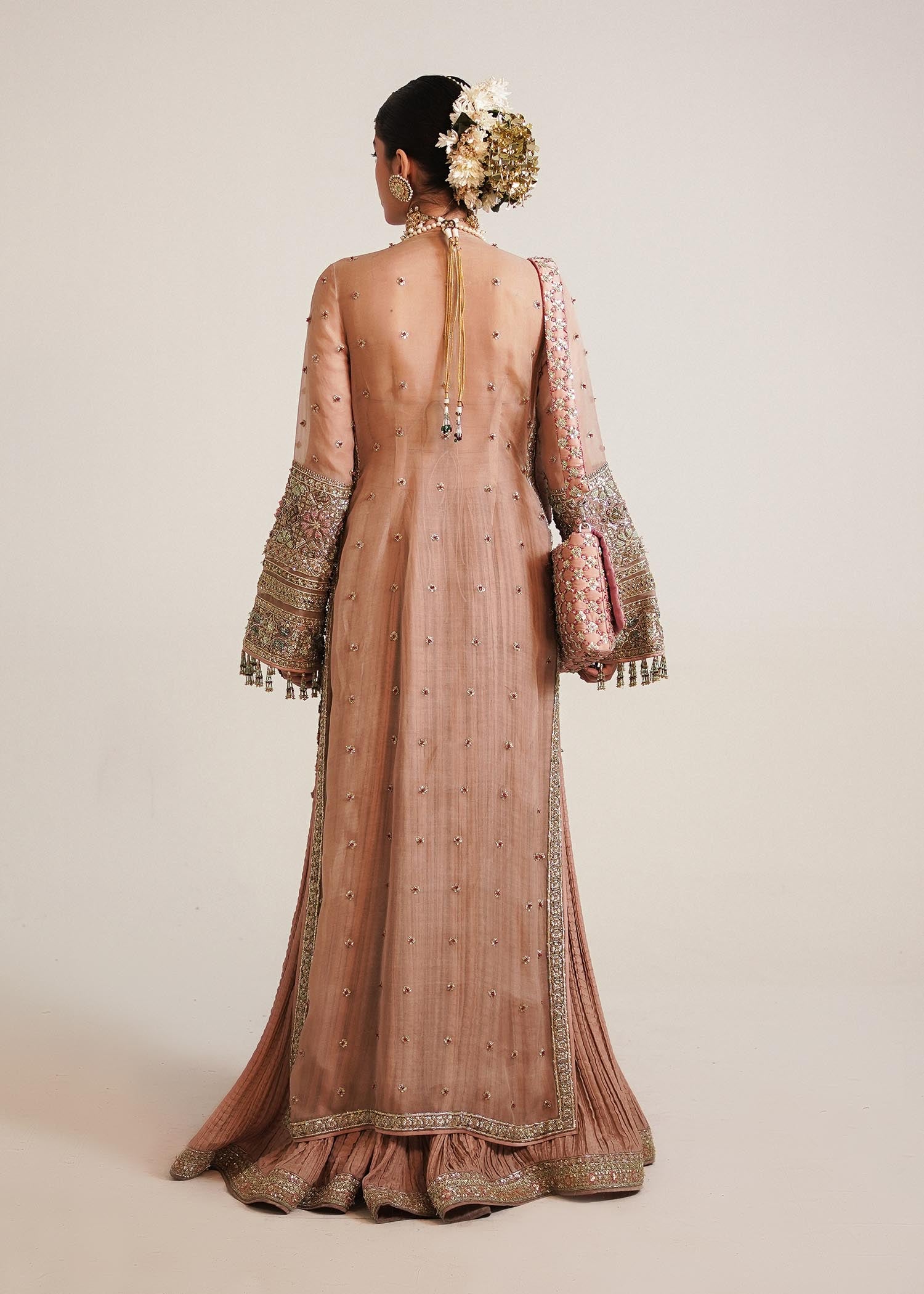 Pakistani Tea Pink Embroidered Silk Sharara Set (3-Piece) - Image 5