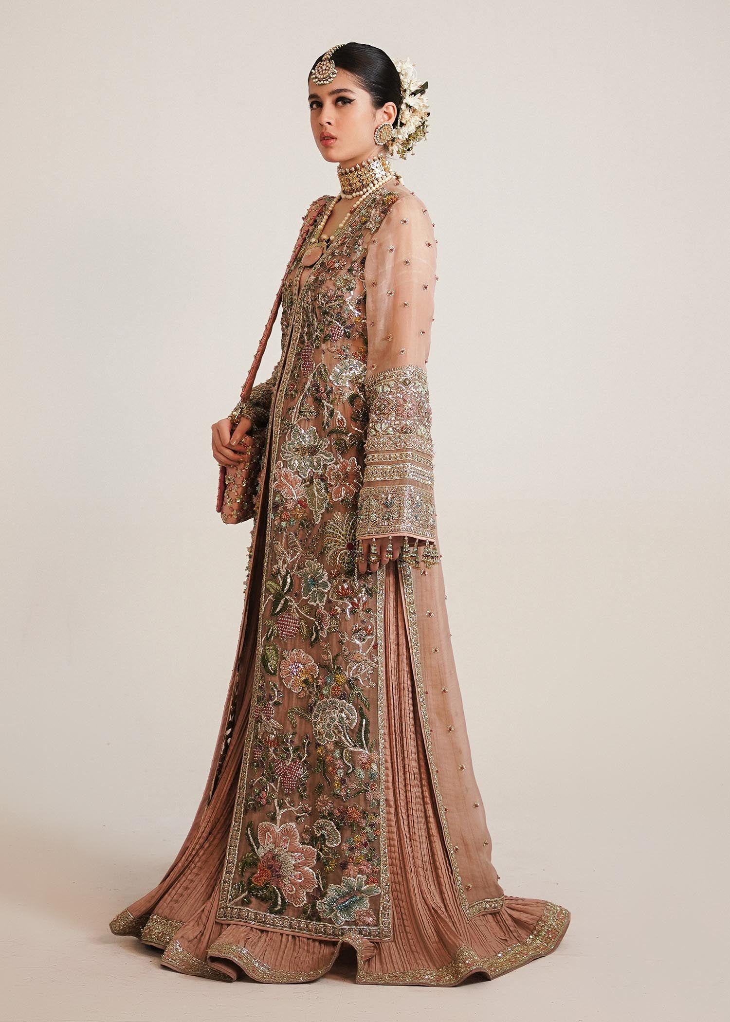 Pakistani Tea Pink Embroidered Silk Sharara Set (3-Piece) - Image 7