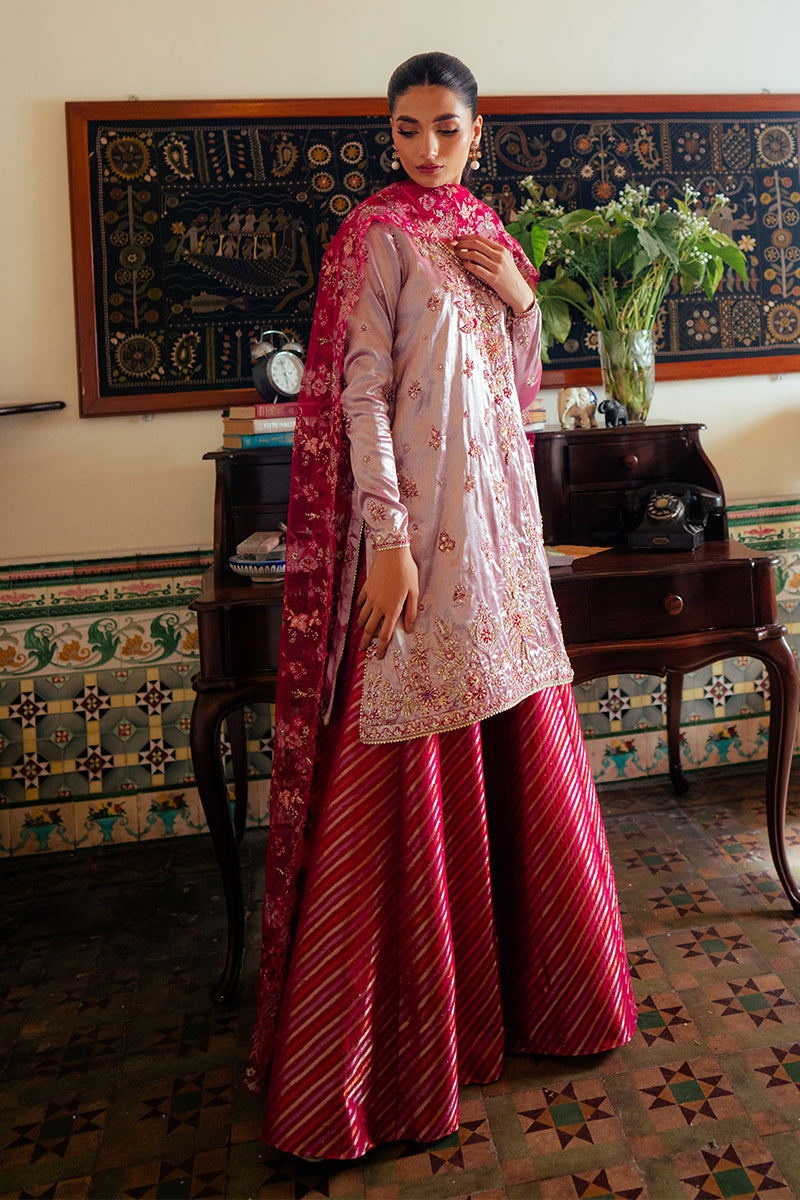 Pakistani Pink Zari Embroidered Satin Sharara (3-Piece) - Image 1
