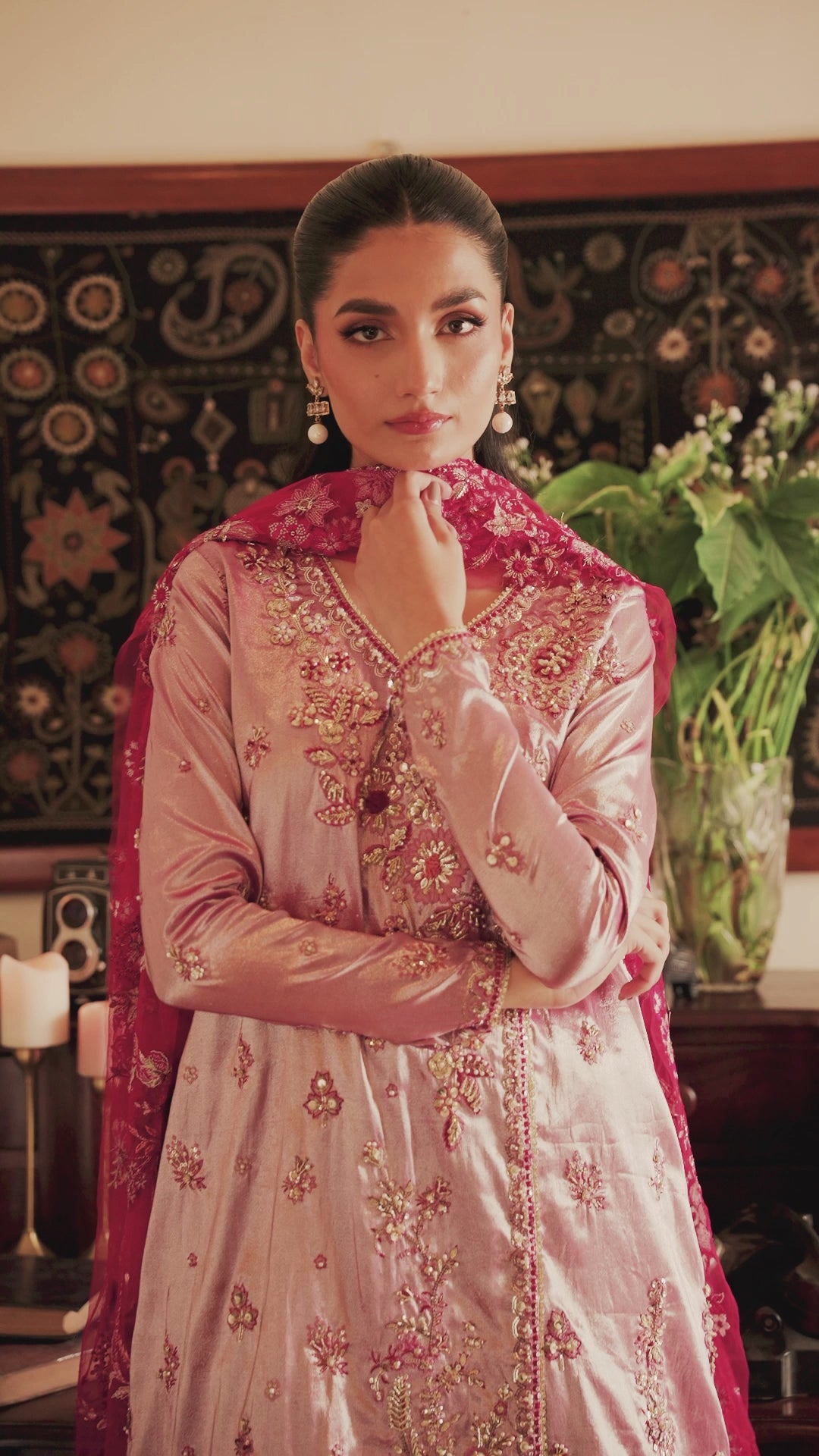 Pakistani Pink Zari Embroidered Satin Sharara (3-Piece) - Image 7