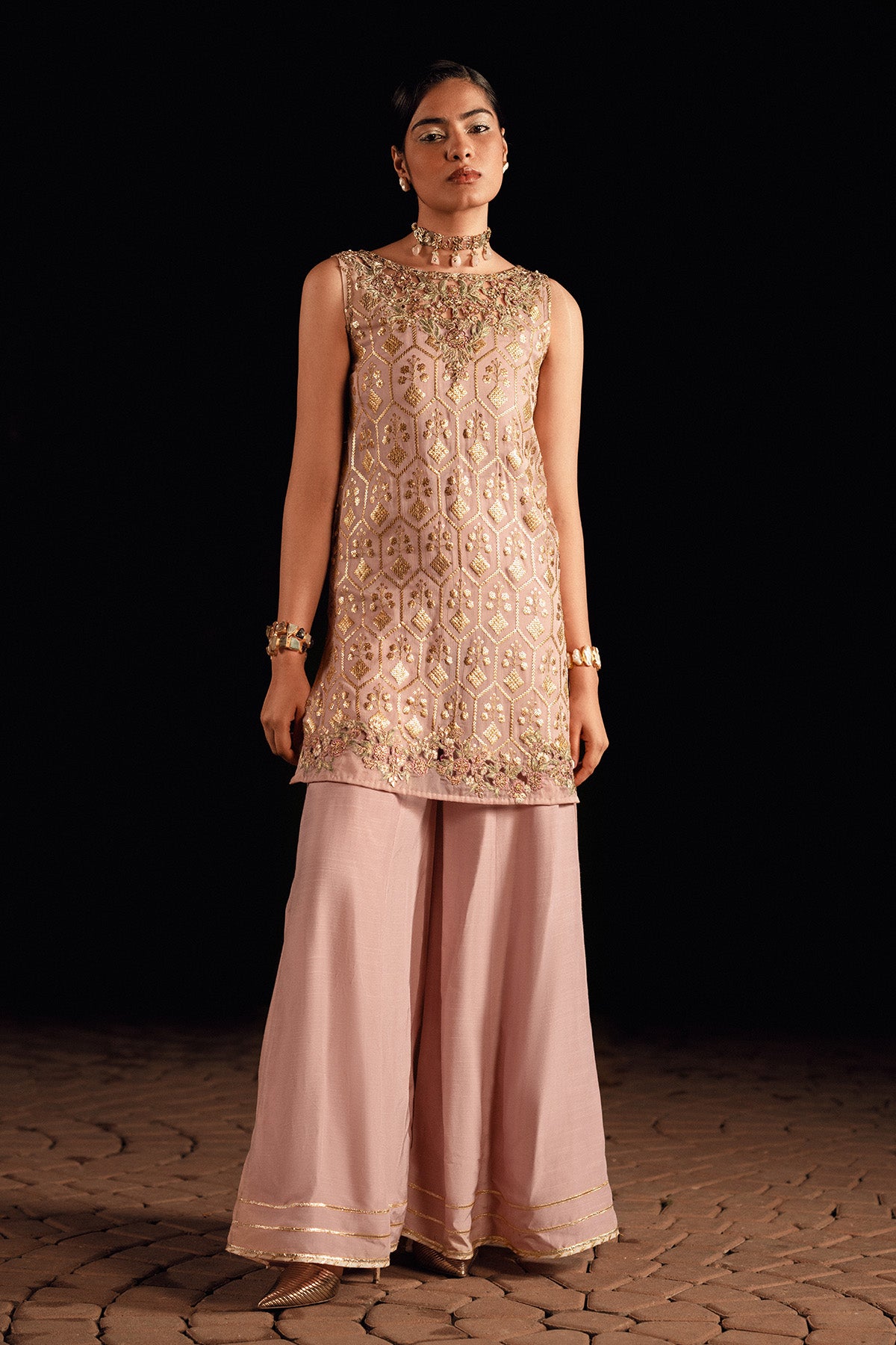 Pastel Pink Embroidered Sequin Chiffon Sharara (2-Piece) - Image 1