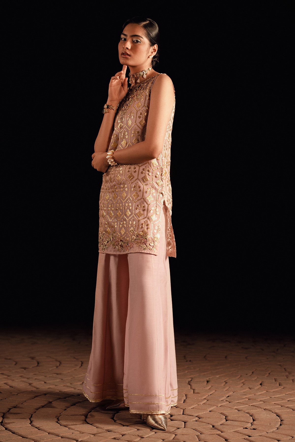 Pastel Pink Embroidered Sequin Chiffon Sharara (2-Piece) - Image 2