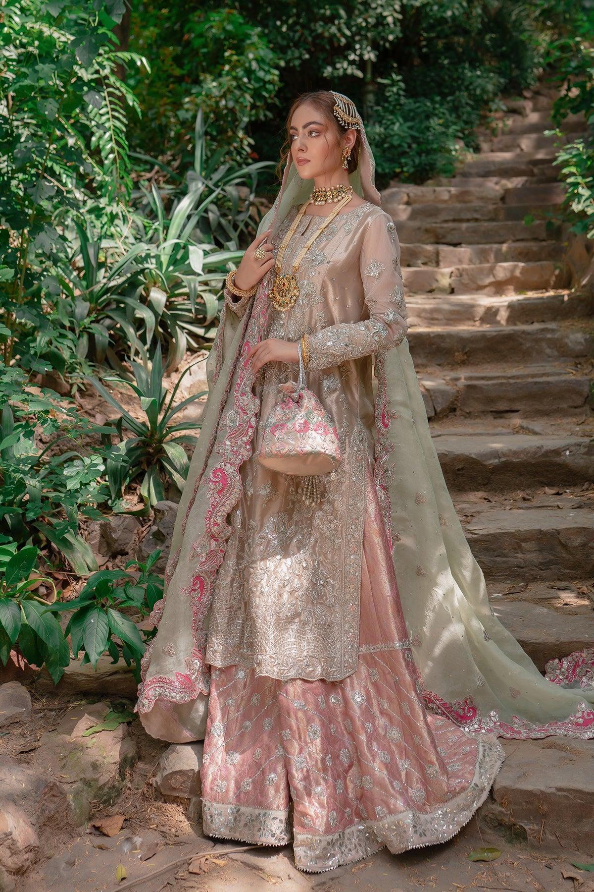 Soft Metallic Pink Embroidered Silk-Blend Sharara (3-Piece) - Image 1