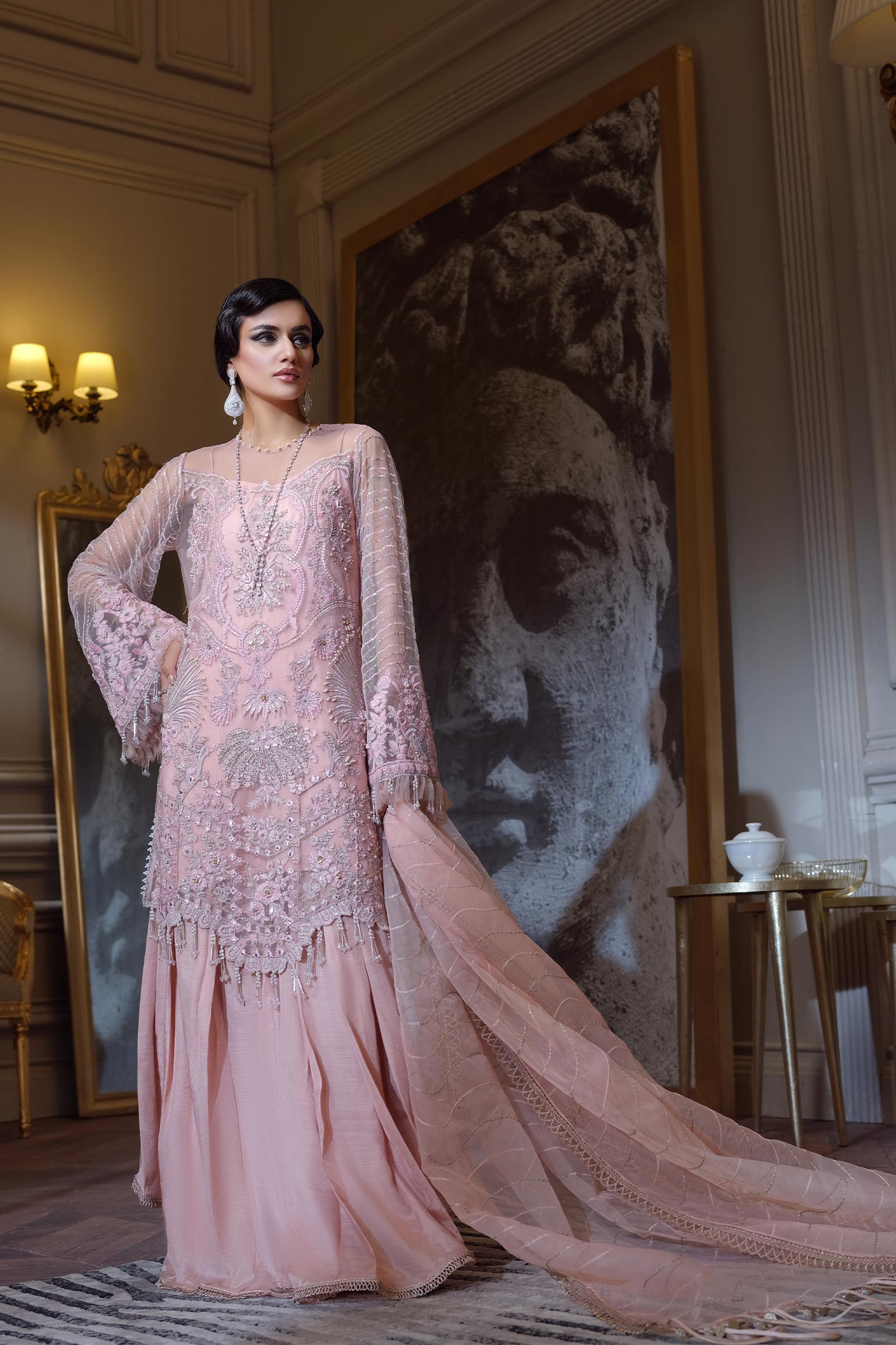 Pakistani Blush Pink Embellished Silk-Blend Sharara (4-Piece) - Image 1
