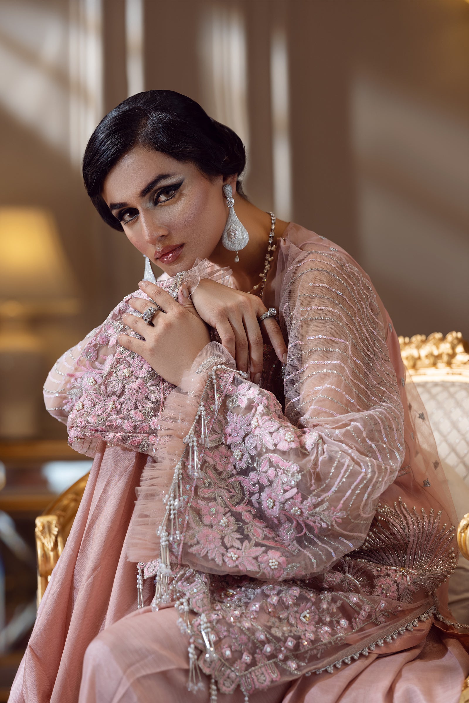 Pakistani Blush Pink Embellished Silk-Blend Sharara (4-Piece) - Image 2