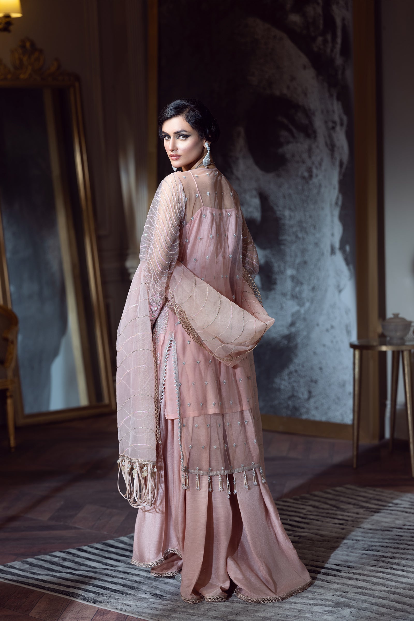 Pakistani Blush Pink Embellished Silk-Blend Sharara (4-Piece) - Image 3