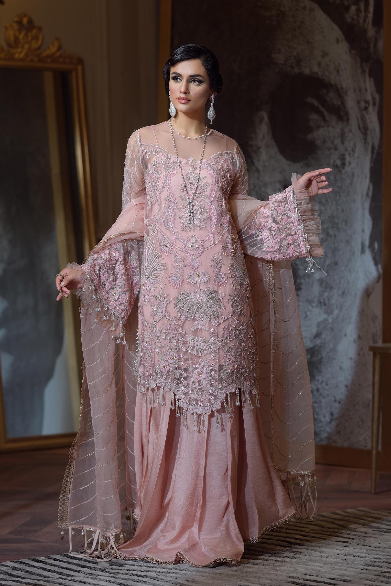 Pakistani Blush Pink Embellished Silk-Blend Sharara (4-Piece) - Image 5