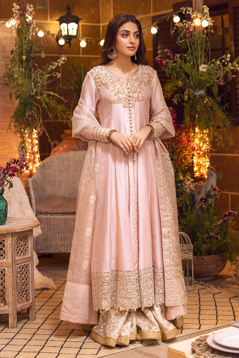 Blush Pink Embroidered Silk Kalidaar Sharara (3-Piece) - Image 1