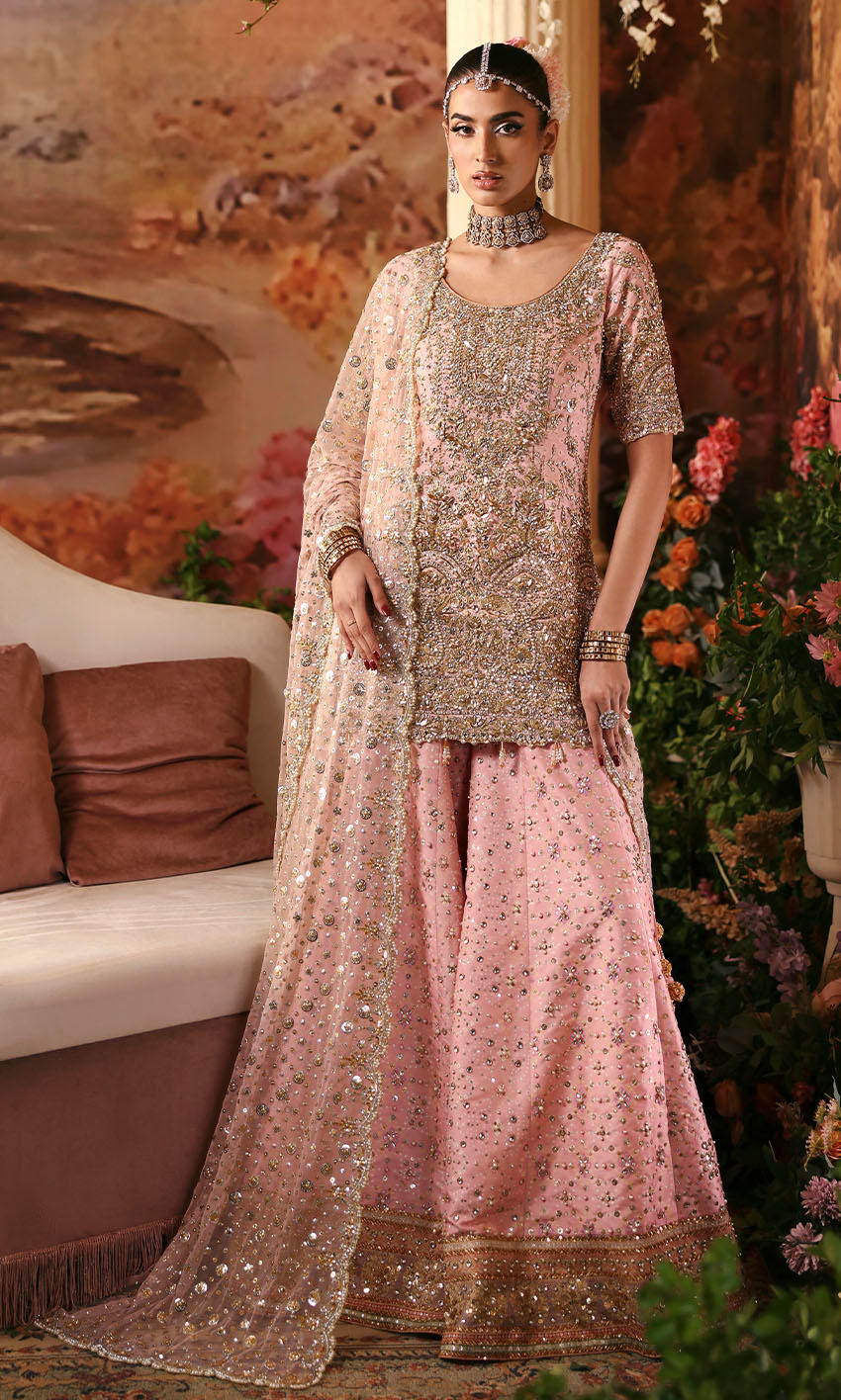 Light Pink Embellished Silk Sharara Set (3-Piece) - Image 1