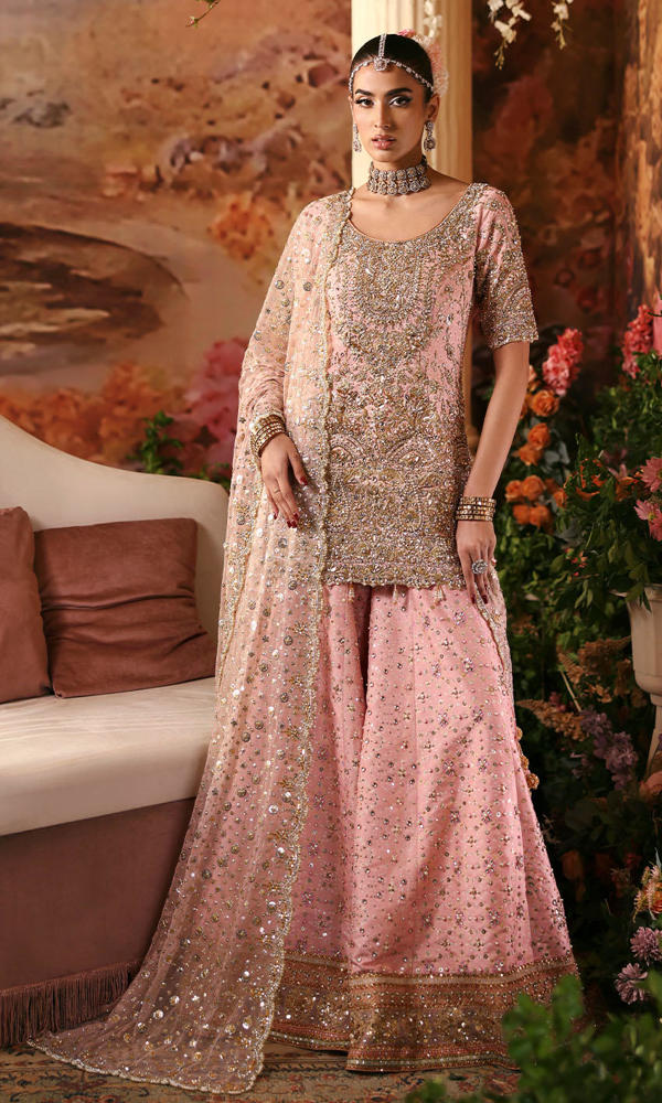 Light Pink Embellished Silk Sharara Set (3-Piece) - Image 2