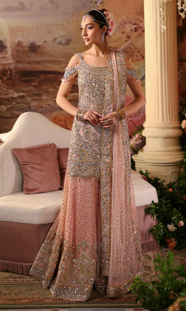 Light Pink Embellished Silk Sharara Set (3-Piece) - Image 5