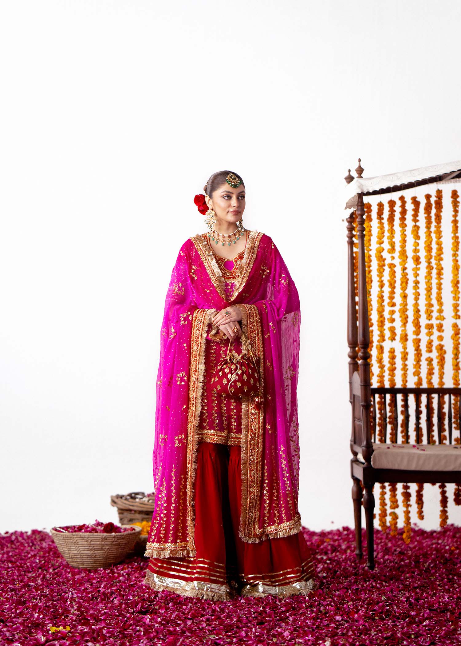 Pink & Red Embroidered Silk Bridal Sharara (3-Piece) - Image 1