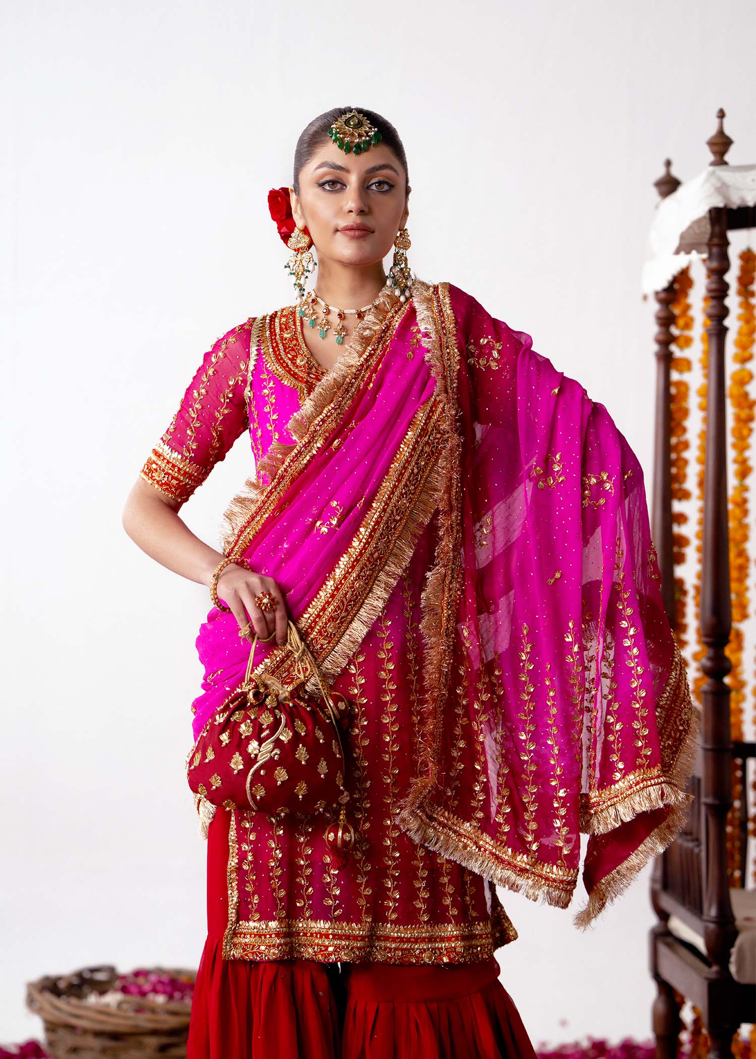 Pink & Red Embroidered Silk Bridal Sharara (3-Piece) - Image 2