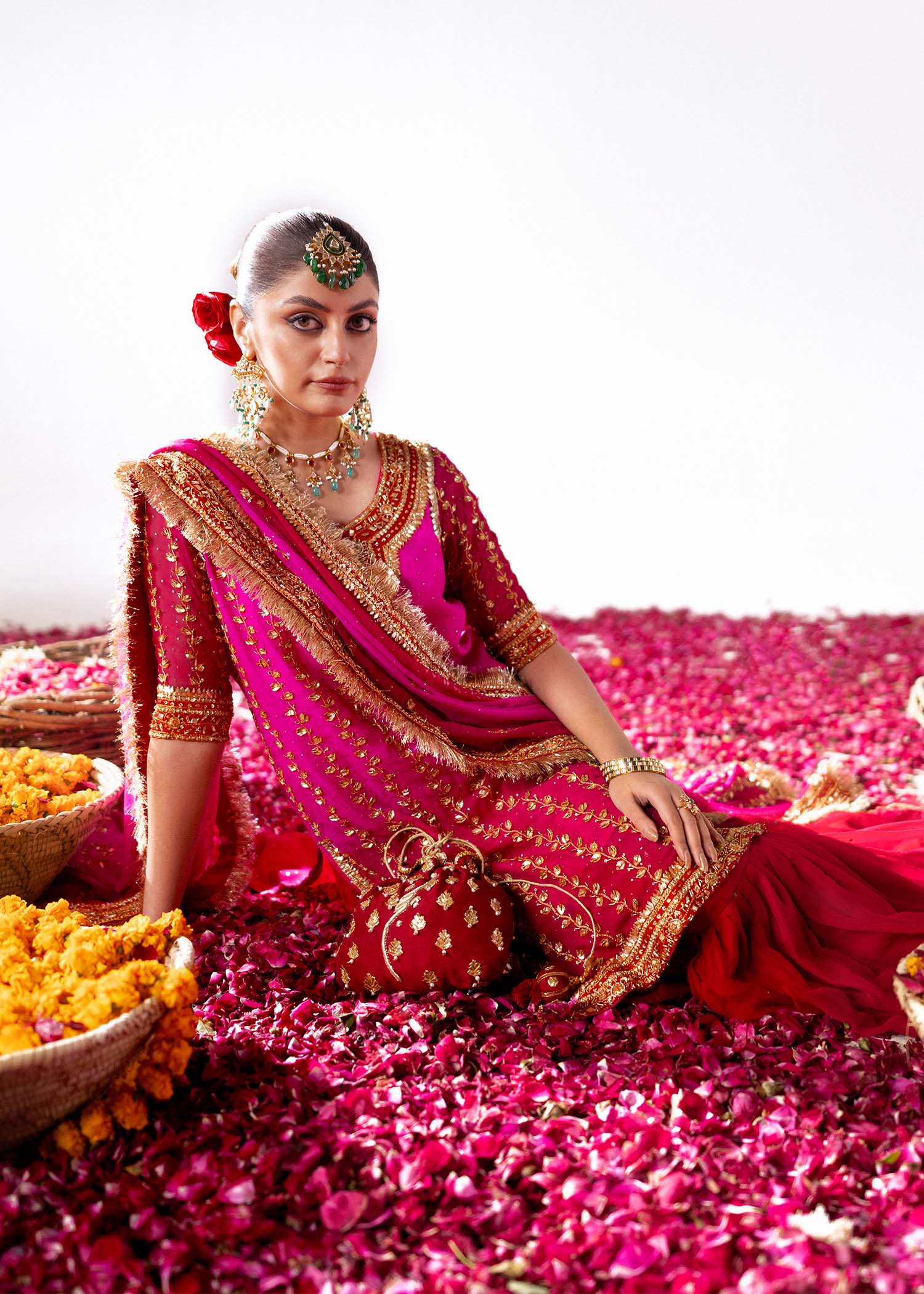 Pink & Red Embroidered Silk Bridal Sharara (3-Piece) - Image 3