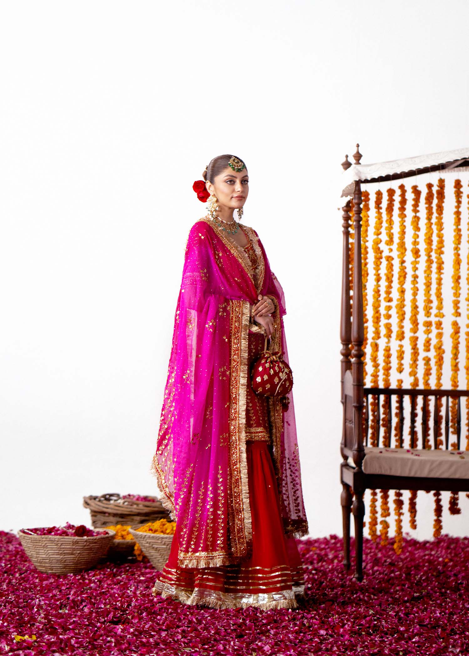 Pink & Red Embroidered Silk Bridal Sharara (3-Piece) - Image 4