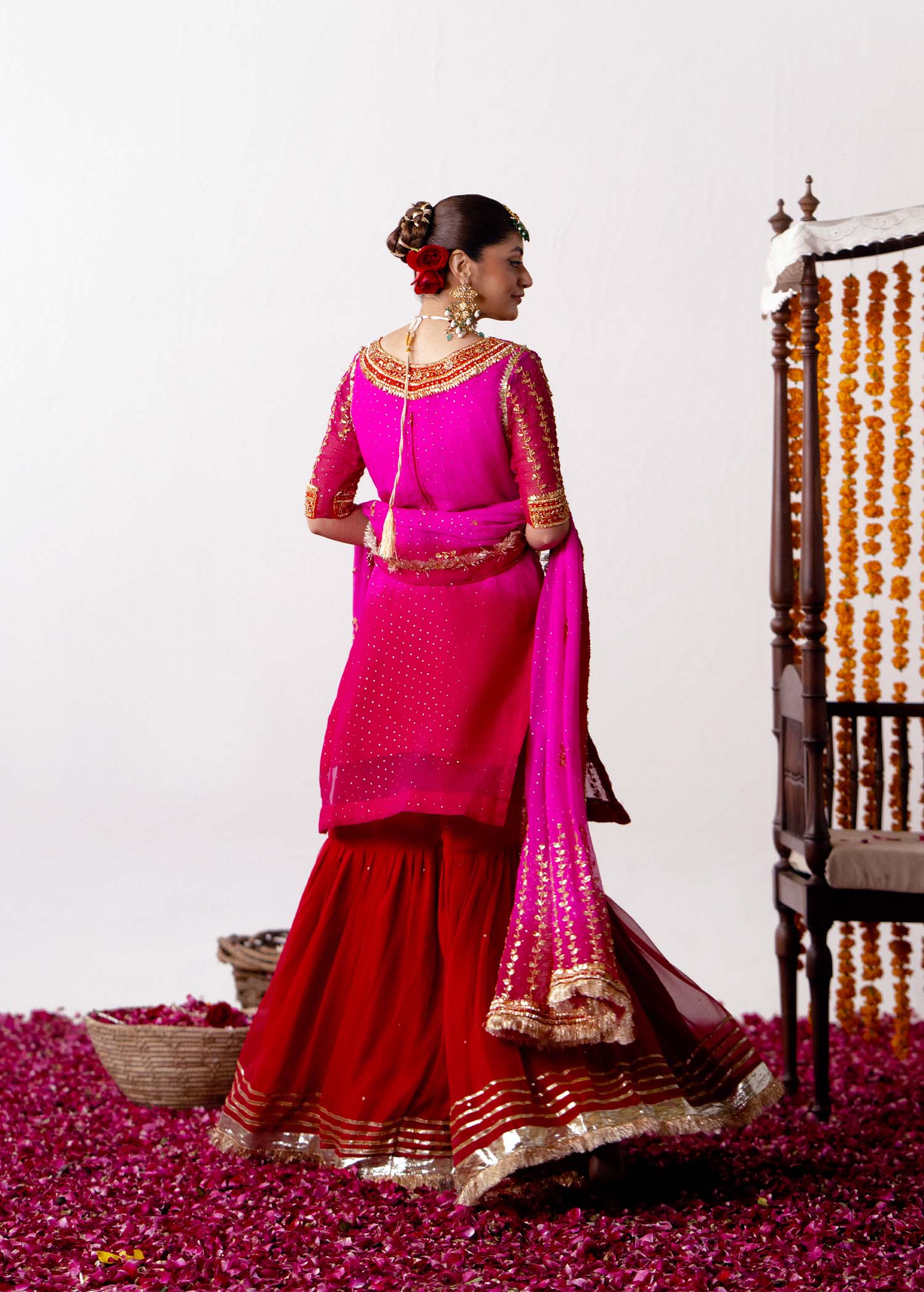 Pink & Red Embroidered Silk Bridal Sharara (3-Piece) - Image 5