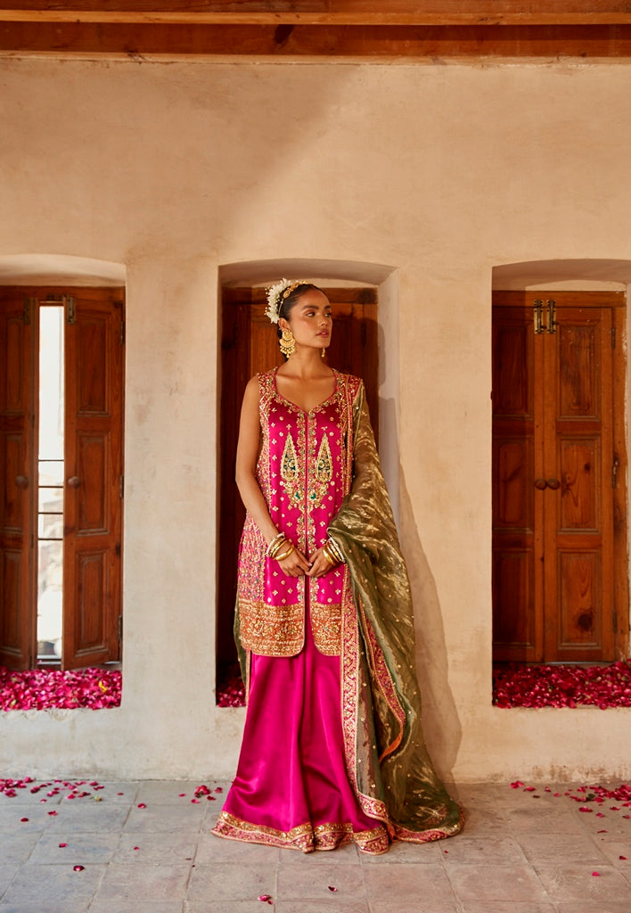 Pakistani Candy Pink Embroidered Silk Sharara (3-Piece) - Image 1