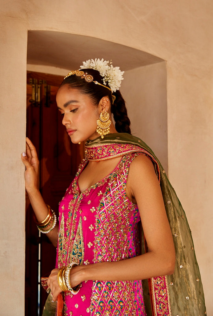 Pakistani Candy Pink Embroidered Silk Sharara (3-Piece) - Image 3