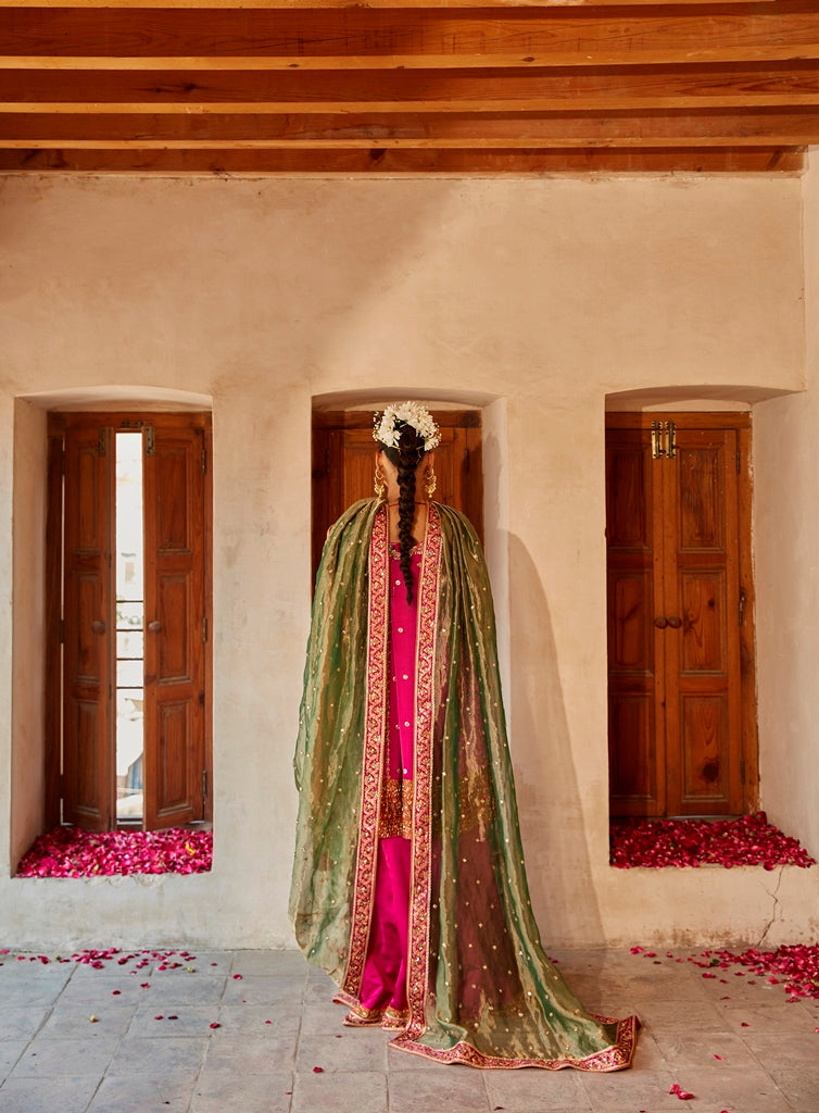 Pakistani Candy Pink Embroidered Silk Sharara (3-Piece) - Image 4