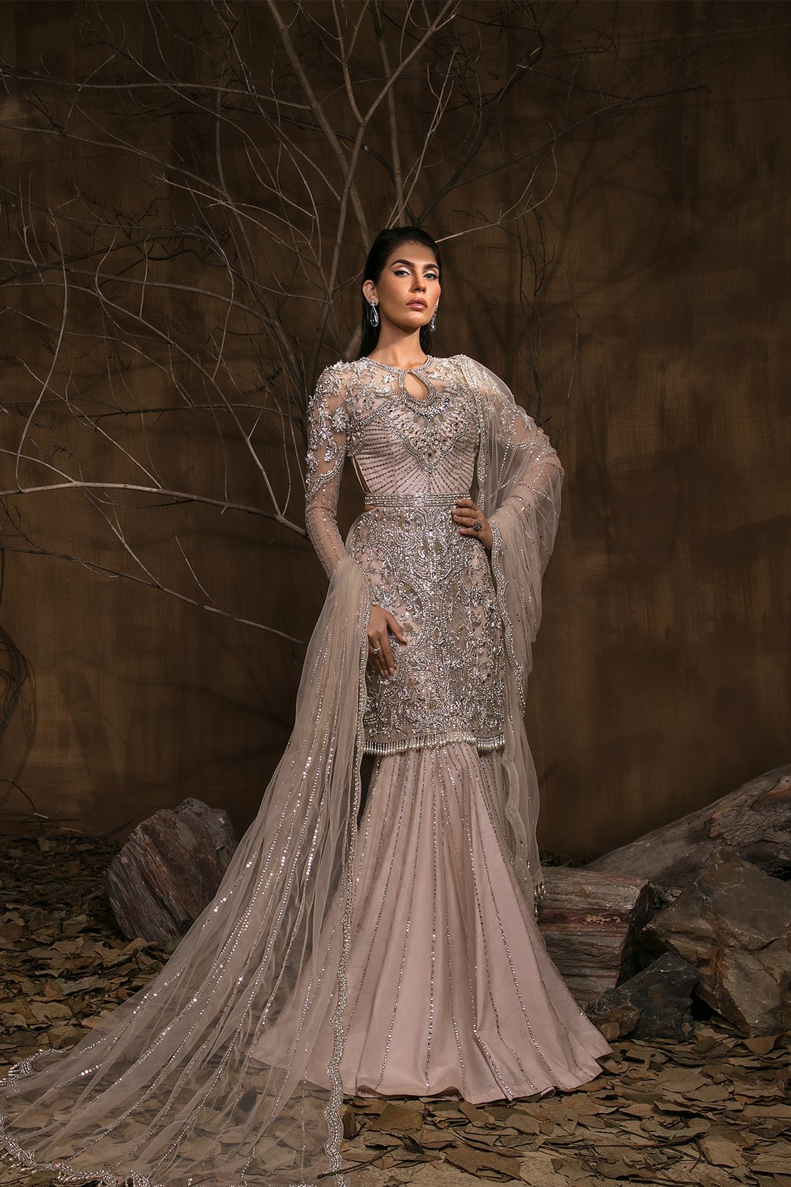 Blush Pink Embellished Net & Silk Sharara (3-Piece) - Image 1