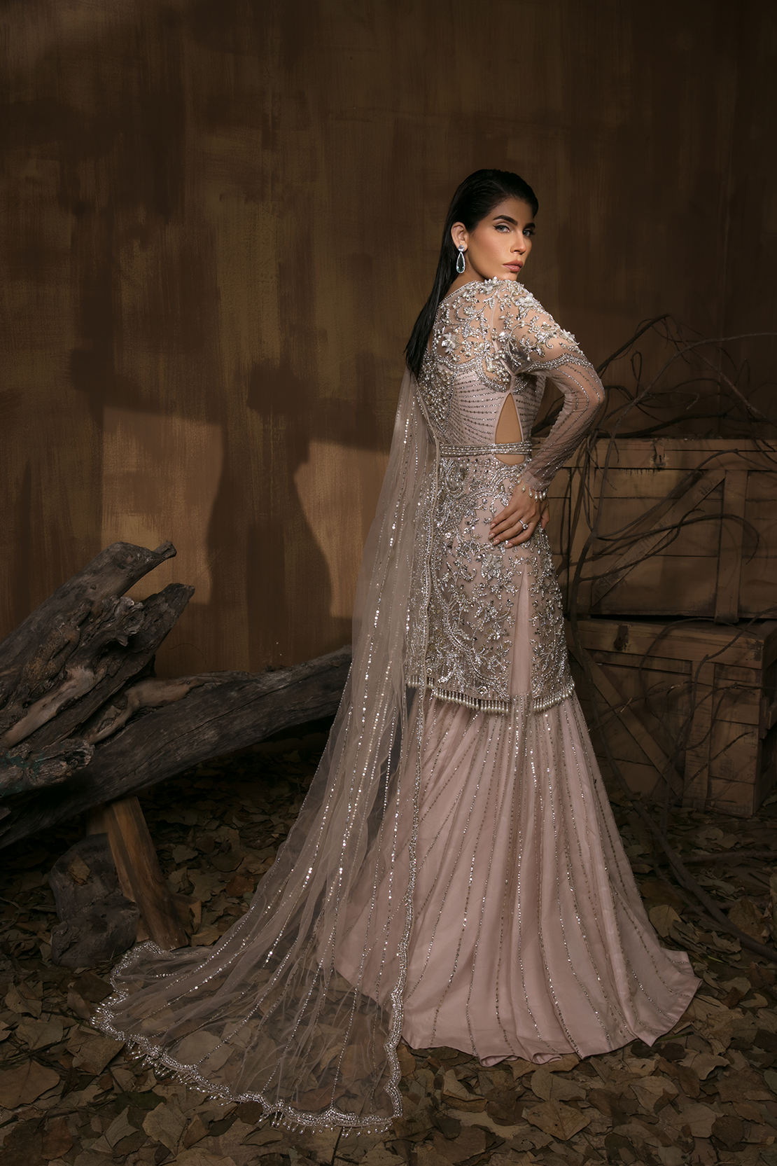 Blush Pink Embellished Net & Silk Sharara (3-Piece) - Image 4