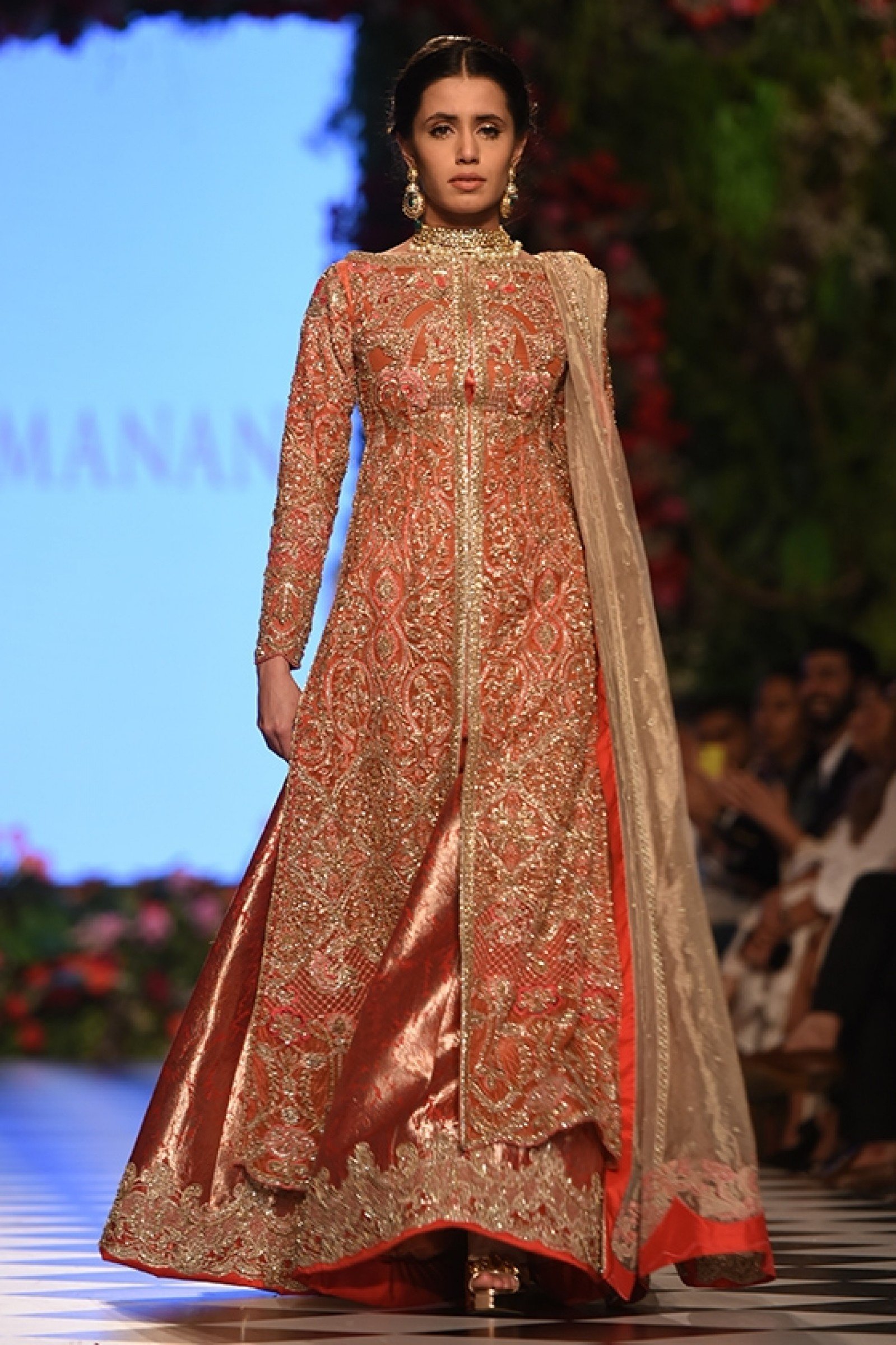 Coral Gold Embroidered Silk Sharara Set (3-Piece) - Image 1