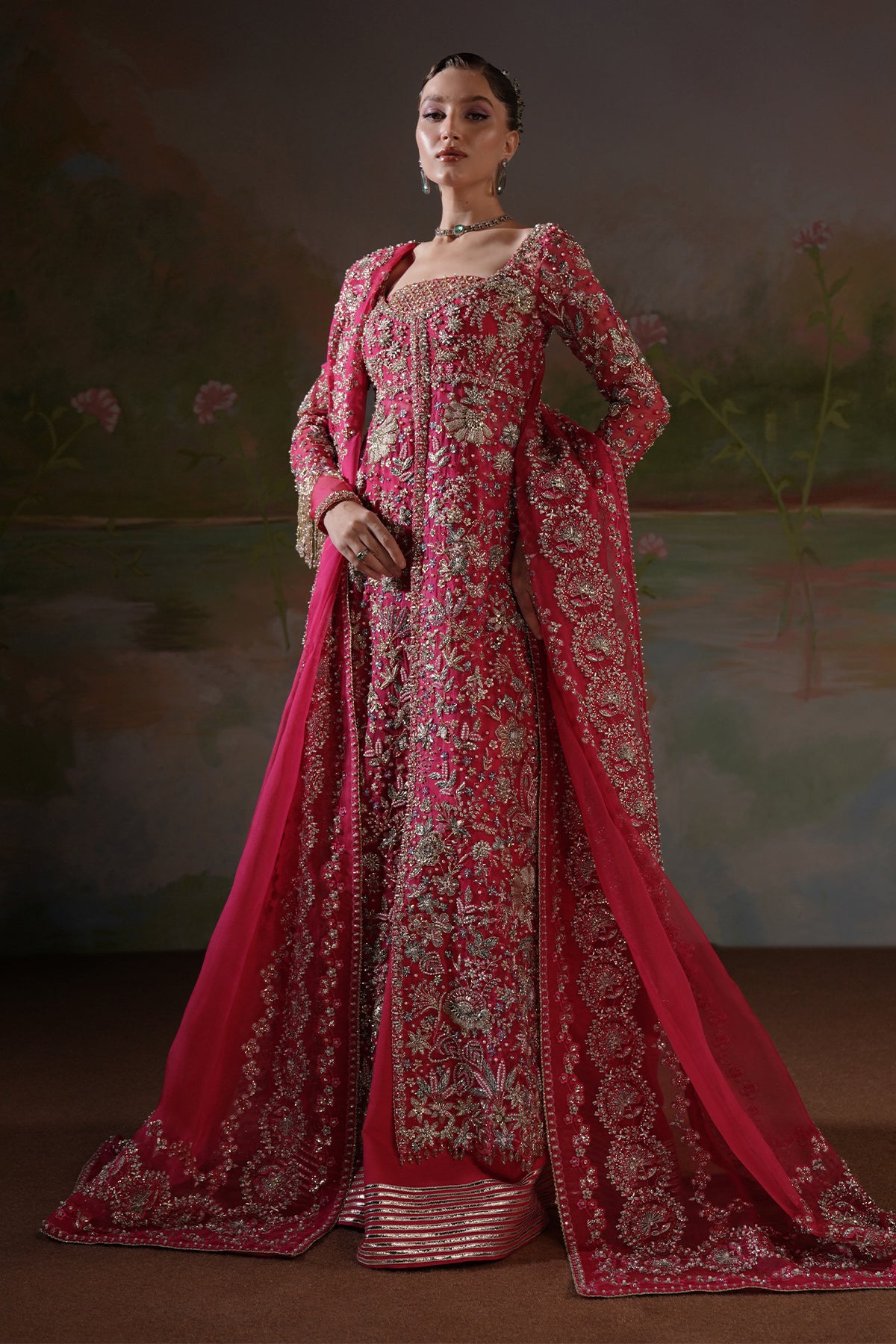 Deep Pink Zardozi Embroidered Silk Jacket Sharara (3-Piece) - Image 1