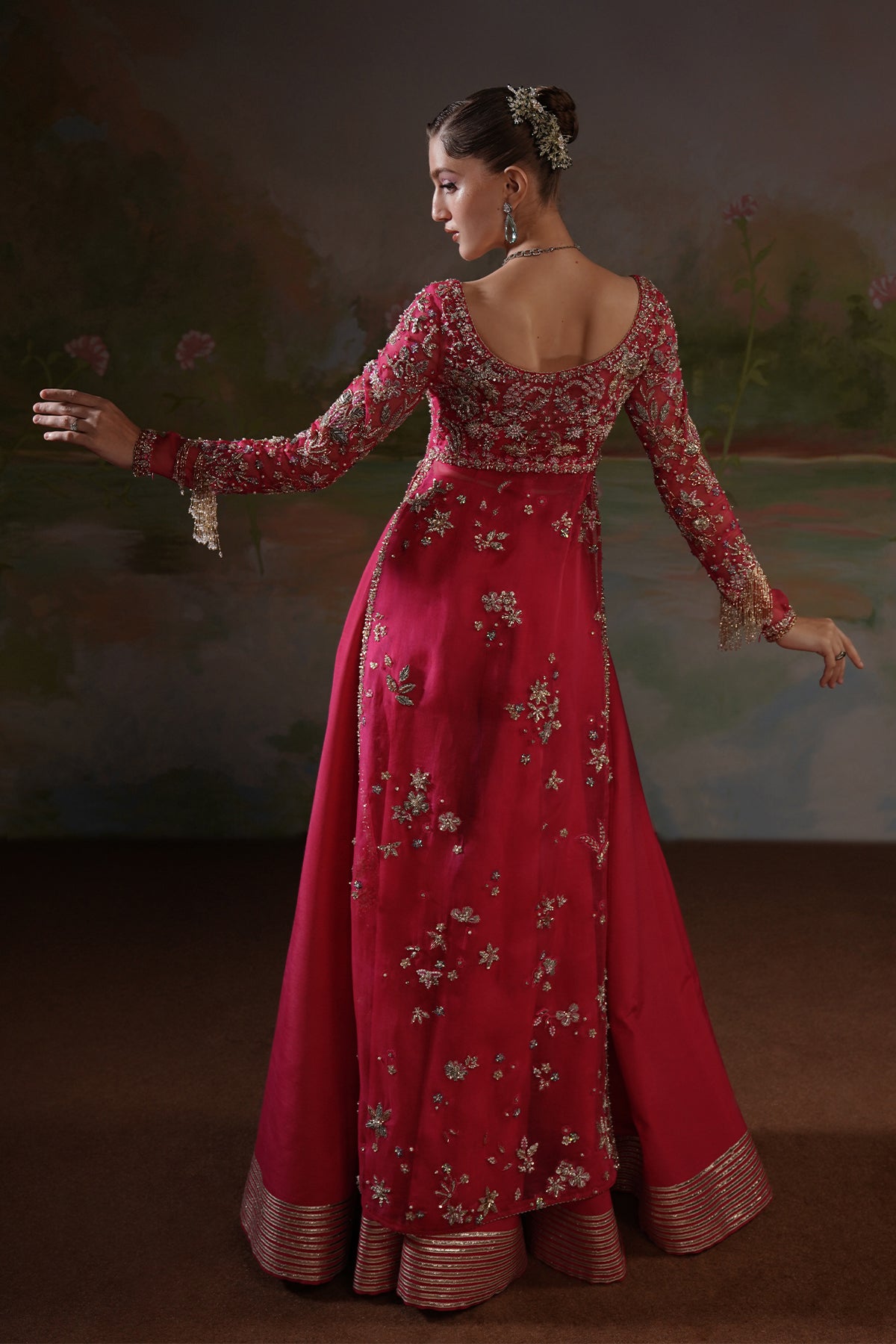 Deep Pink Zardozi Embroidered Silk Jacket Sharara (3-Piece) - Image 6