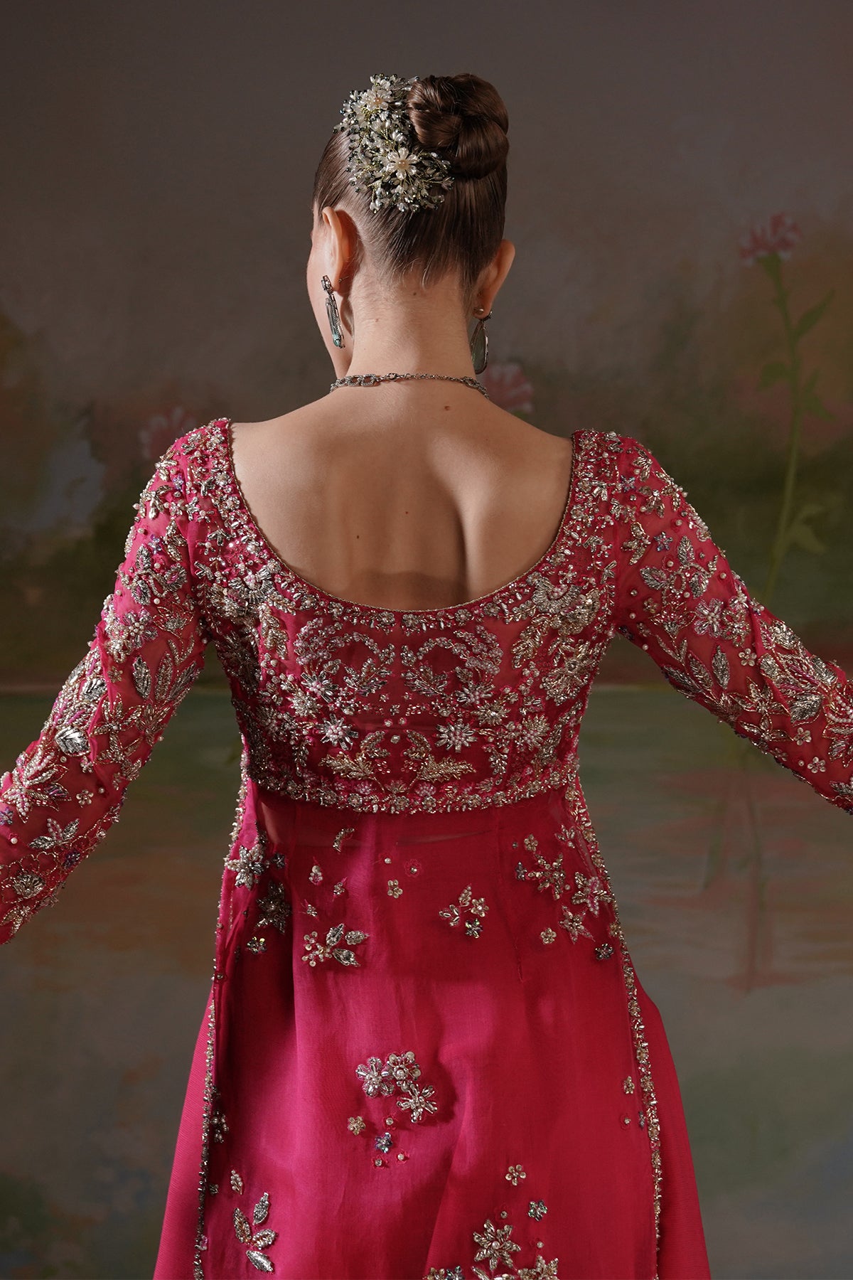 Deep Pink Zardozi Embroidered Silk Jacket Sharara (3-Piece) - Image 7