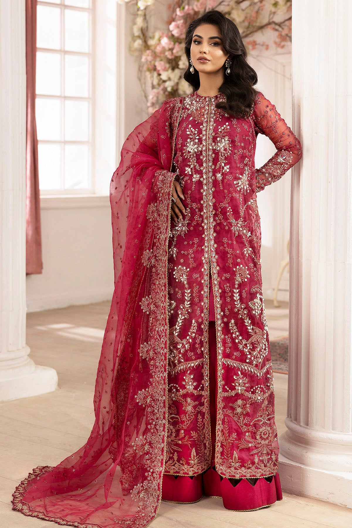 Pakistani Deep Pink Embroidered Silk & Organza Sharara (3-Piece) - Image 2