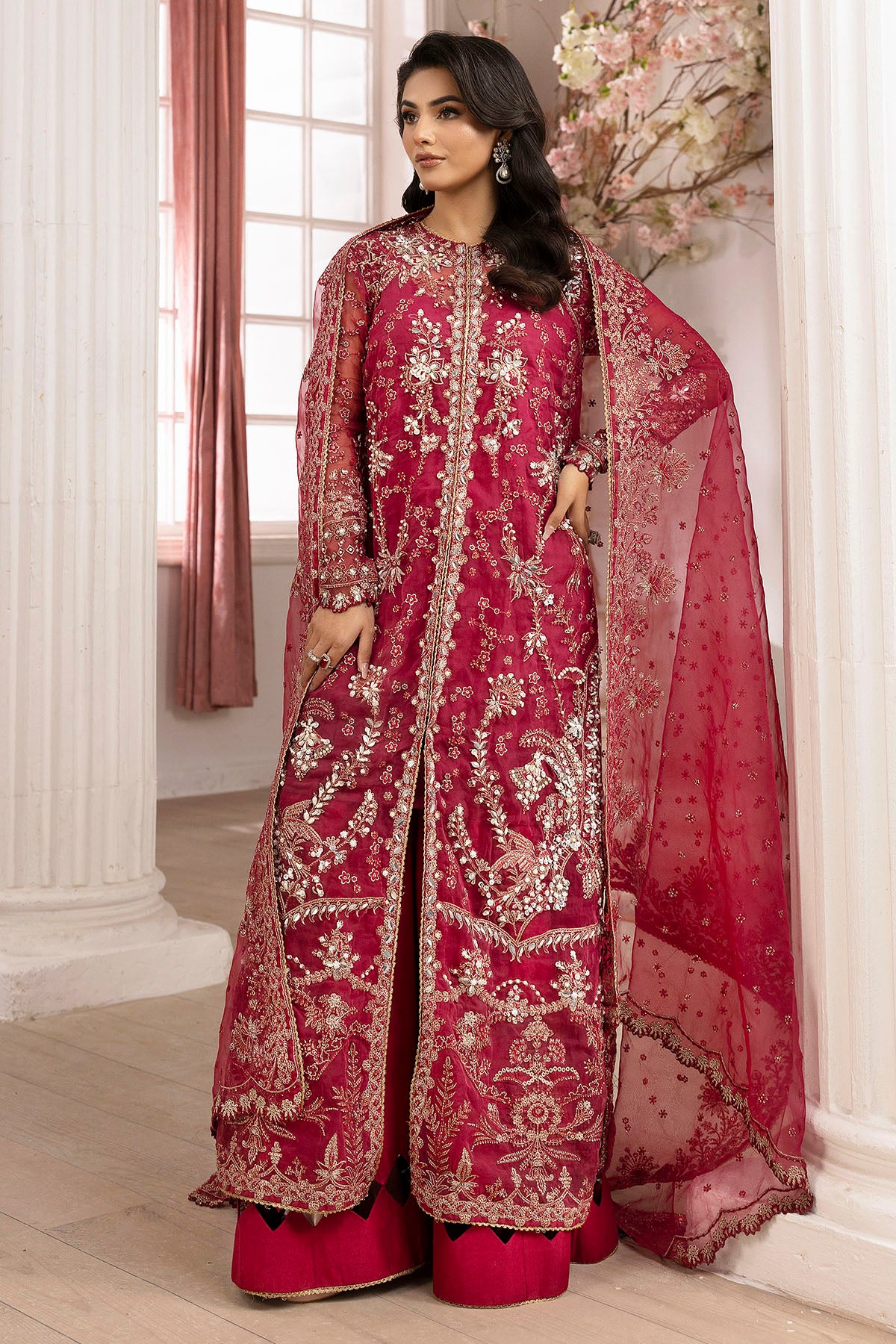 Pakistani Deep Pink Embroidered Silk & Organza Sharara (3-Piece) - Image 3