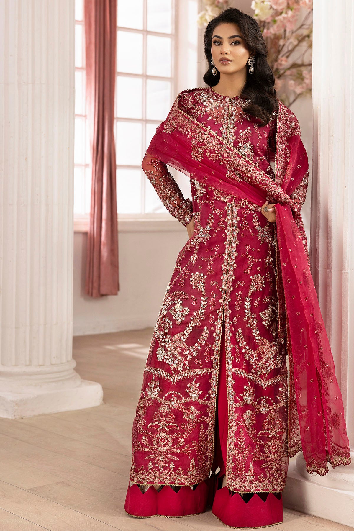 Pakistani Deep Pink Embroidered Silk & Organza Sharara (3-Piece) - Image 4