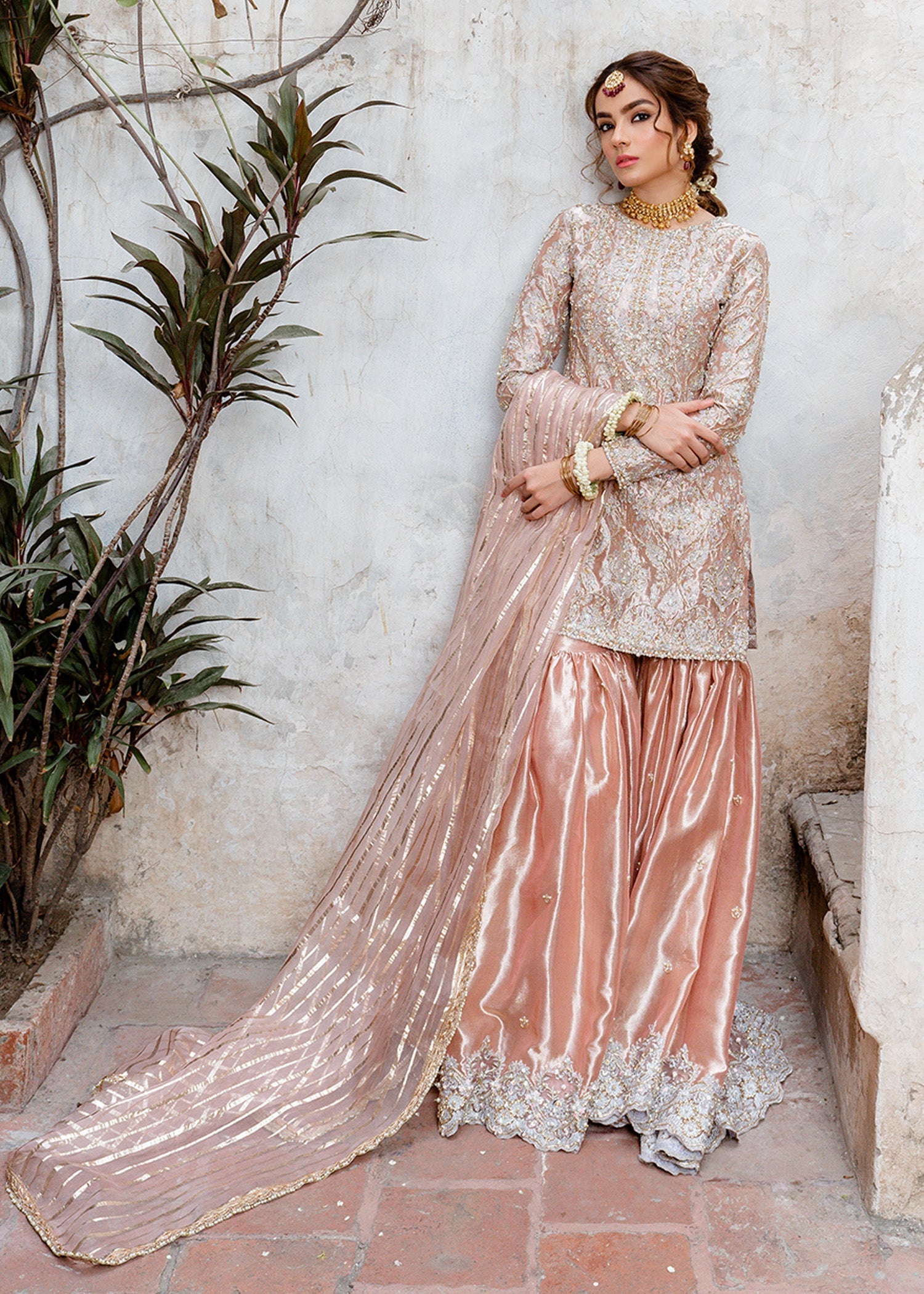 Indian Light Pink Embroidered Tissue Sharara Dress (3-Piece) - Image 1