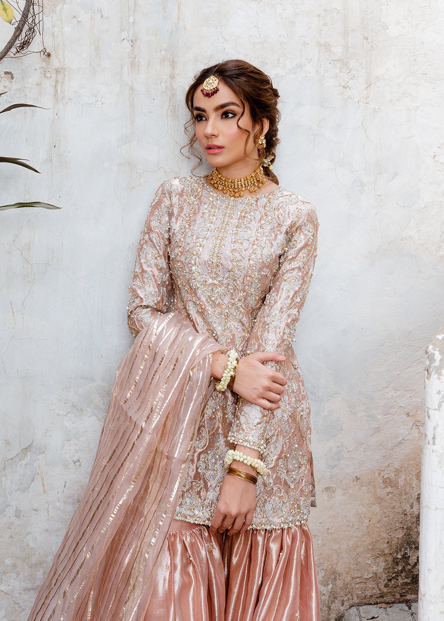 Indian Light Pink Embroidered Tissue Sharara Dress (3-Piece) - Image 2