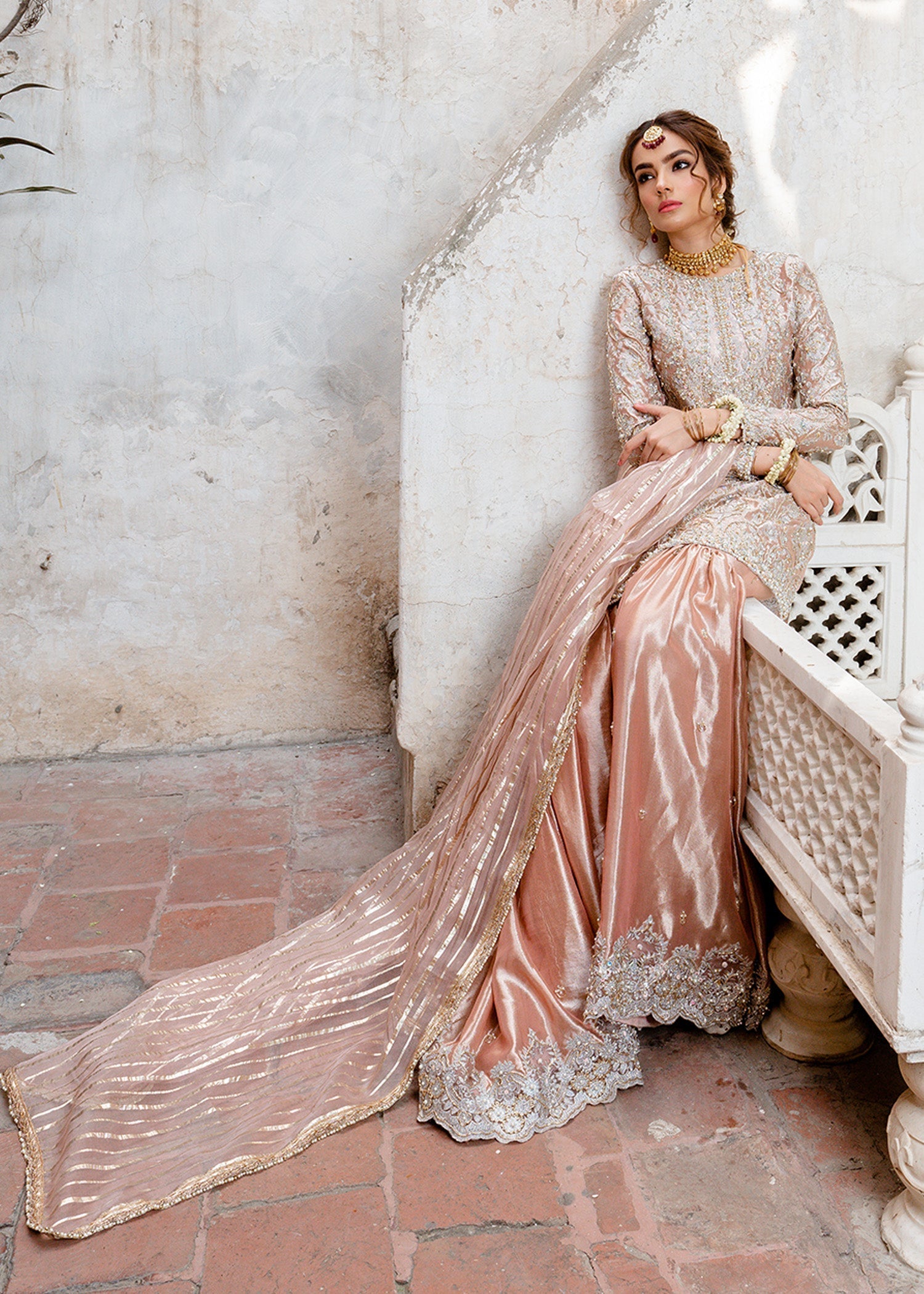 Indian Light Pink Embroidered Tissue Sharara Dress (3-Piece) - Image 3