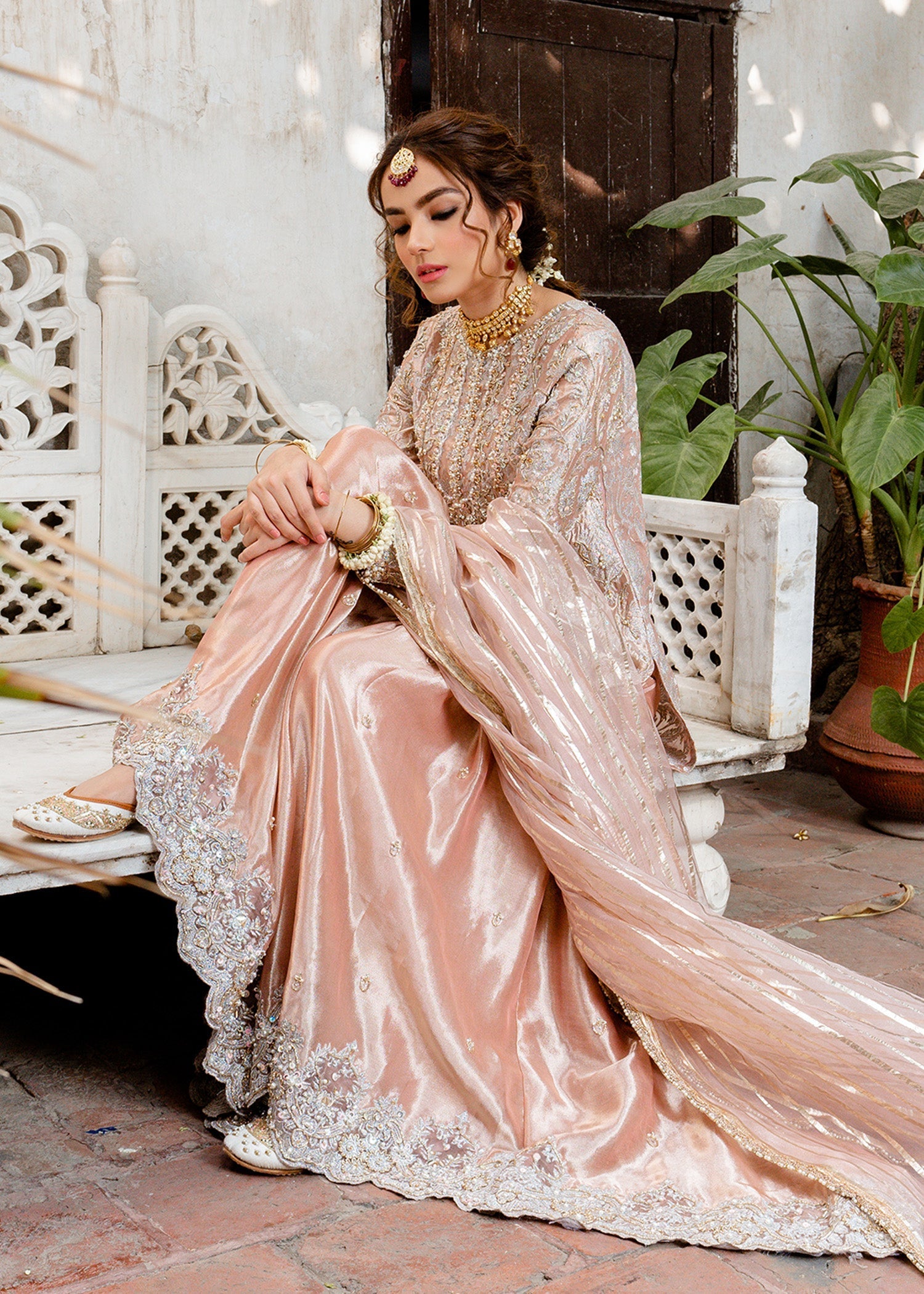 Indian Light Pink Embroidered Tissue Sharara Dress (3-Piece) - Image 5
