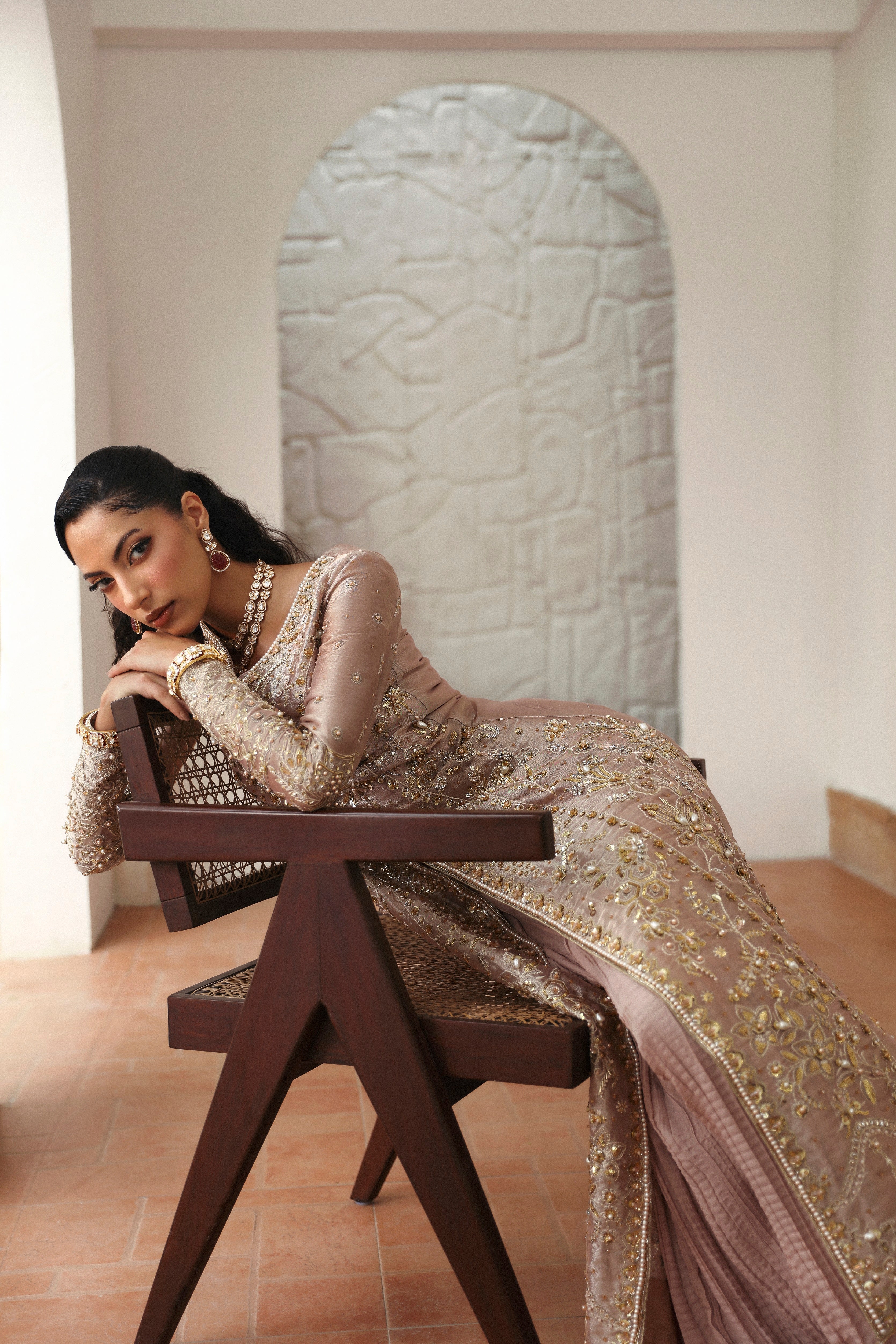 Tea Pink Hand-Embellished Tissue Sharara (3-Piece) - Image 5