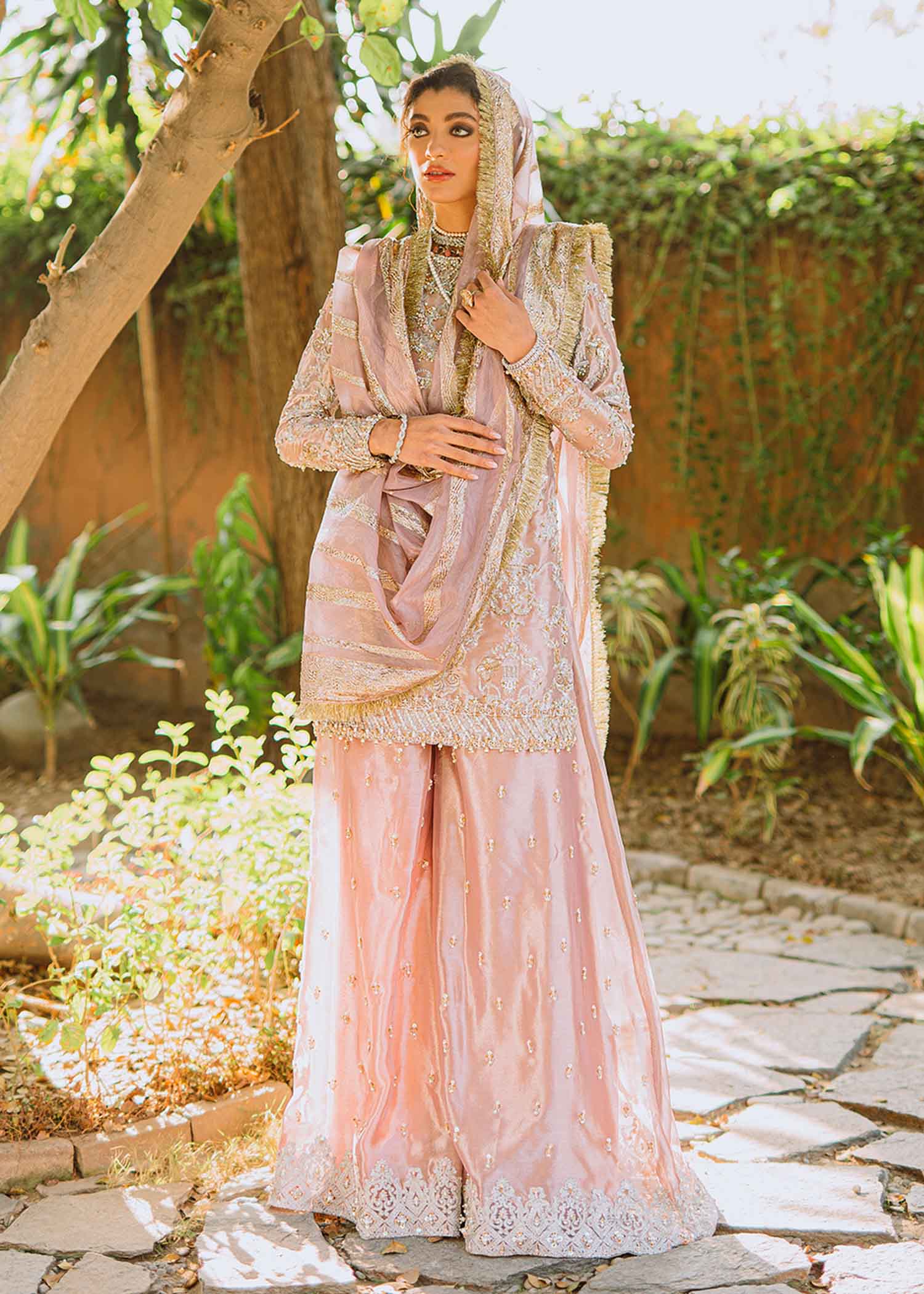 Dusty Lilac Embellished Tissue Sharara Set (3-Piece) - Image 1