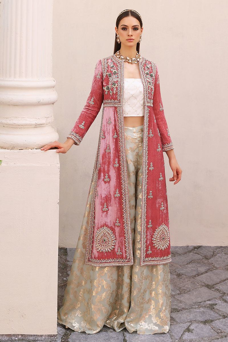 Pakistani Sea Pink Hand-Embellished Velvet Jacket Sharara (3-Piece) - Image 1