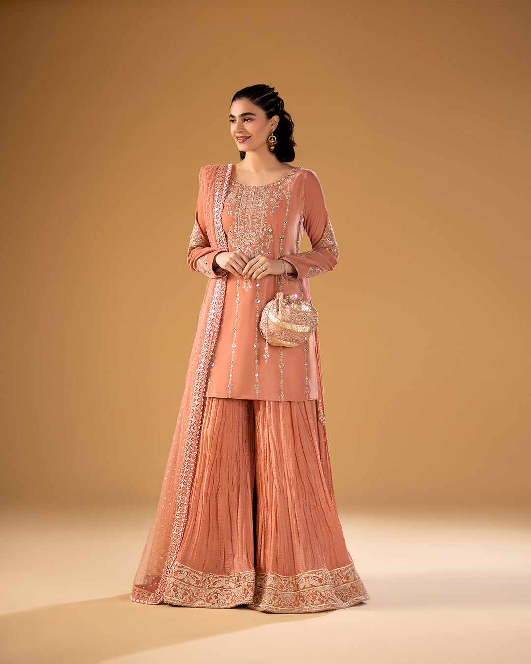 Peach Embroidered Velvet Sharara Set (3-Piece) - Image 1